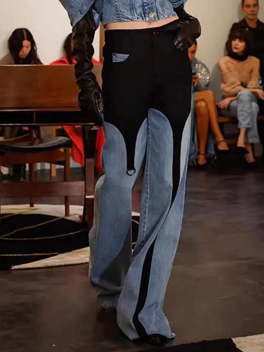 Moda de Primavera, Casual, Costuras en Contraste, Diseño, Jeans Rectos Irregulares, Pantalones de Cintura Alta para Mujer
