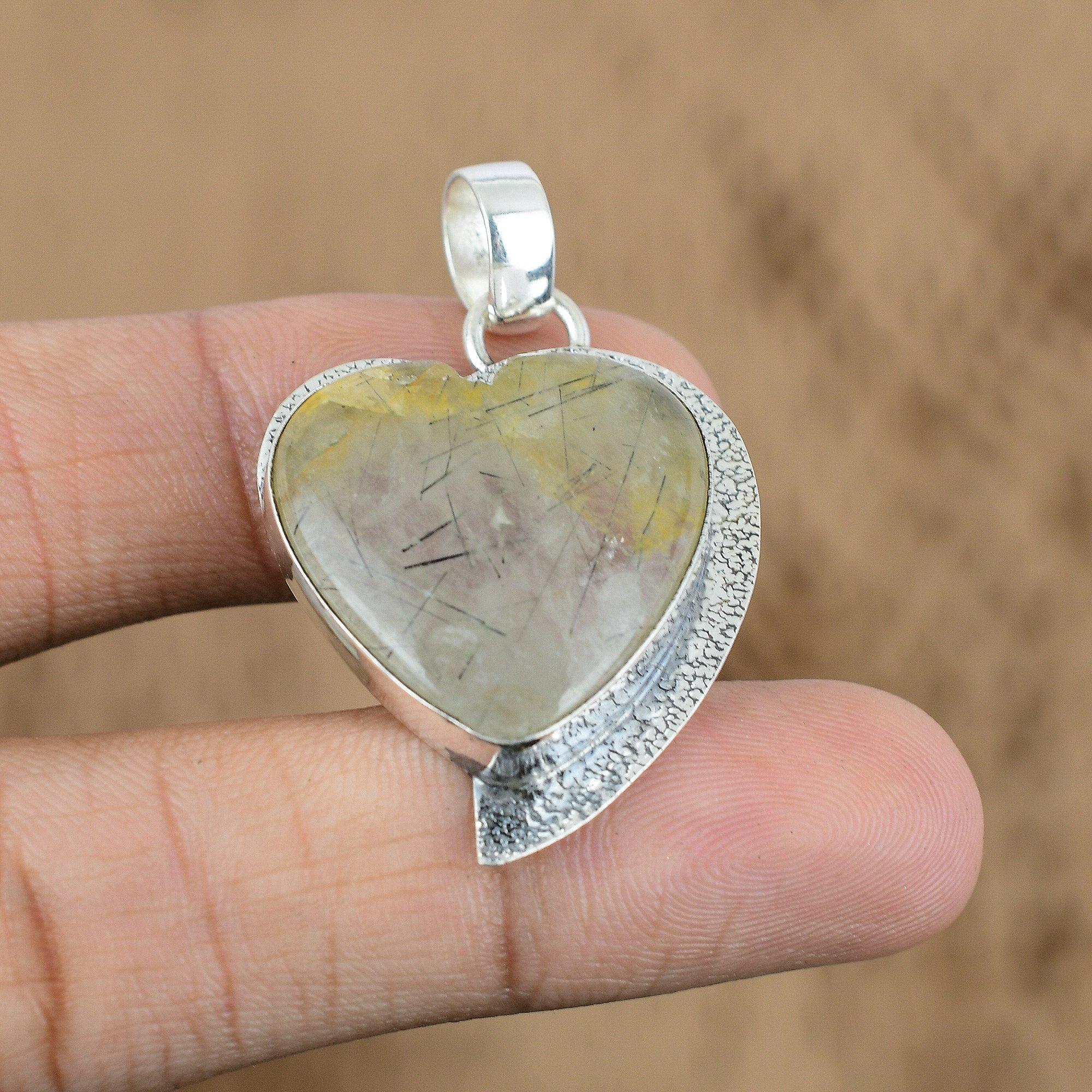 Natural Black Rutile Gemstone 925 Sterling Silver Pendant Heart For Girls