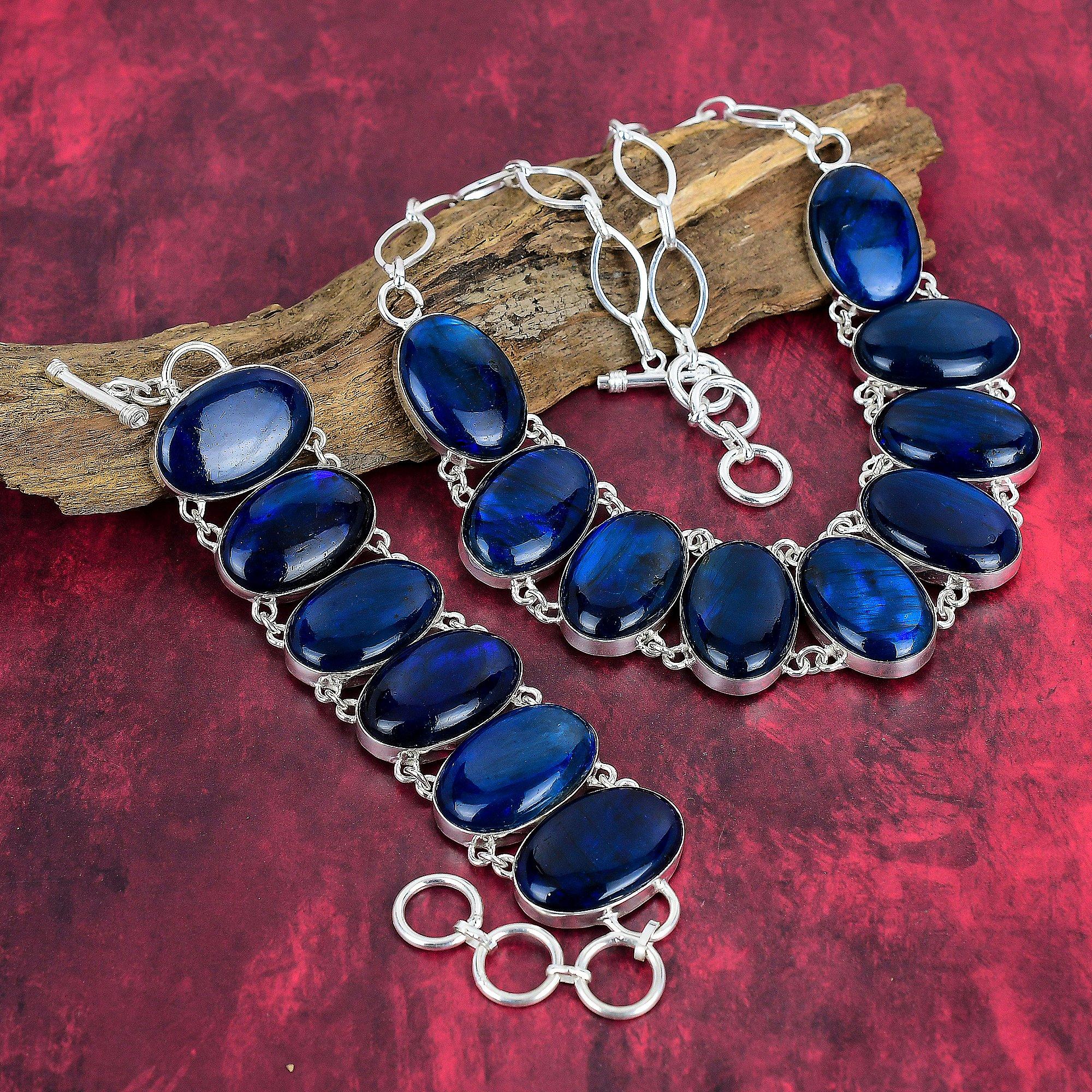 Blue Flash Labradorite Gemstone 925 Solid Sterling Silver Bracelet & Necklace Jewelry Set, Handmade Jewelry Amazing Design Jewelry For Her