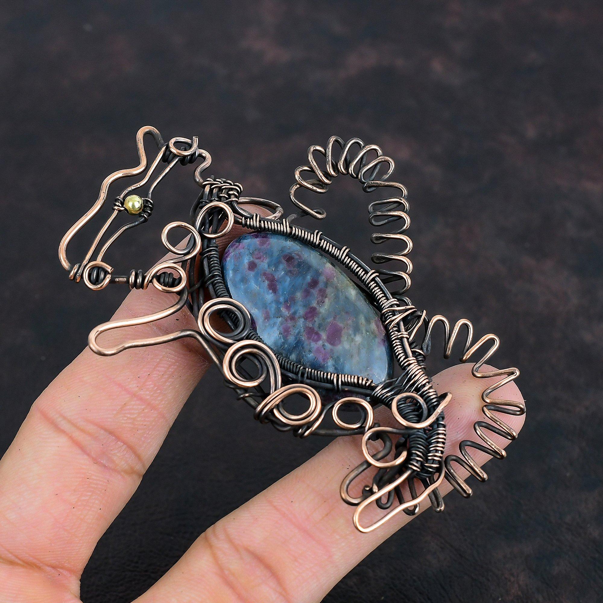 Ruby In Blue Kyanite Gemstone Pendant Copper Wire Wrapped Pendant Handmade Antique Jewelry Rabbit Pendant Copper Wire Jewelry Gifts For Him