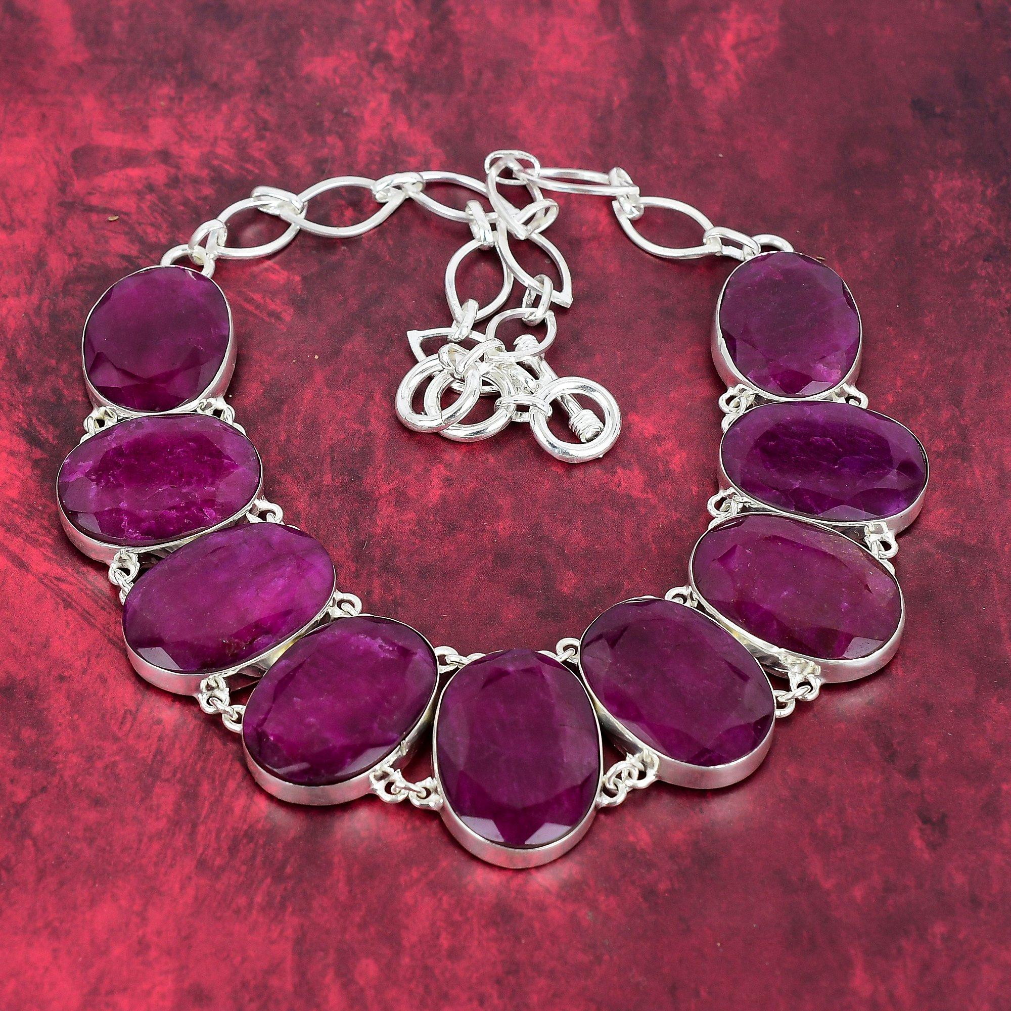Wunderschöne Kashmiri Roter Rubin 925 Sterling Silber Halskette mit verstellbarer Kette, handgefertigte Edelstein Schmuck Halskette