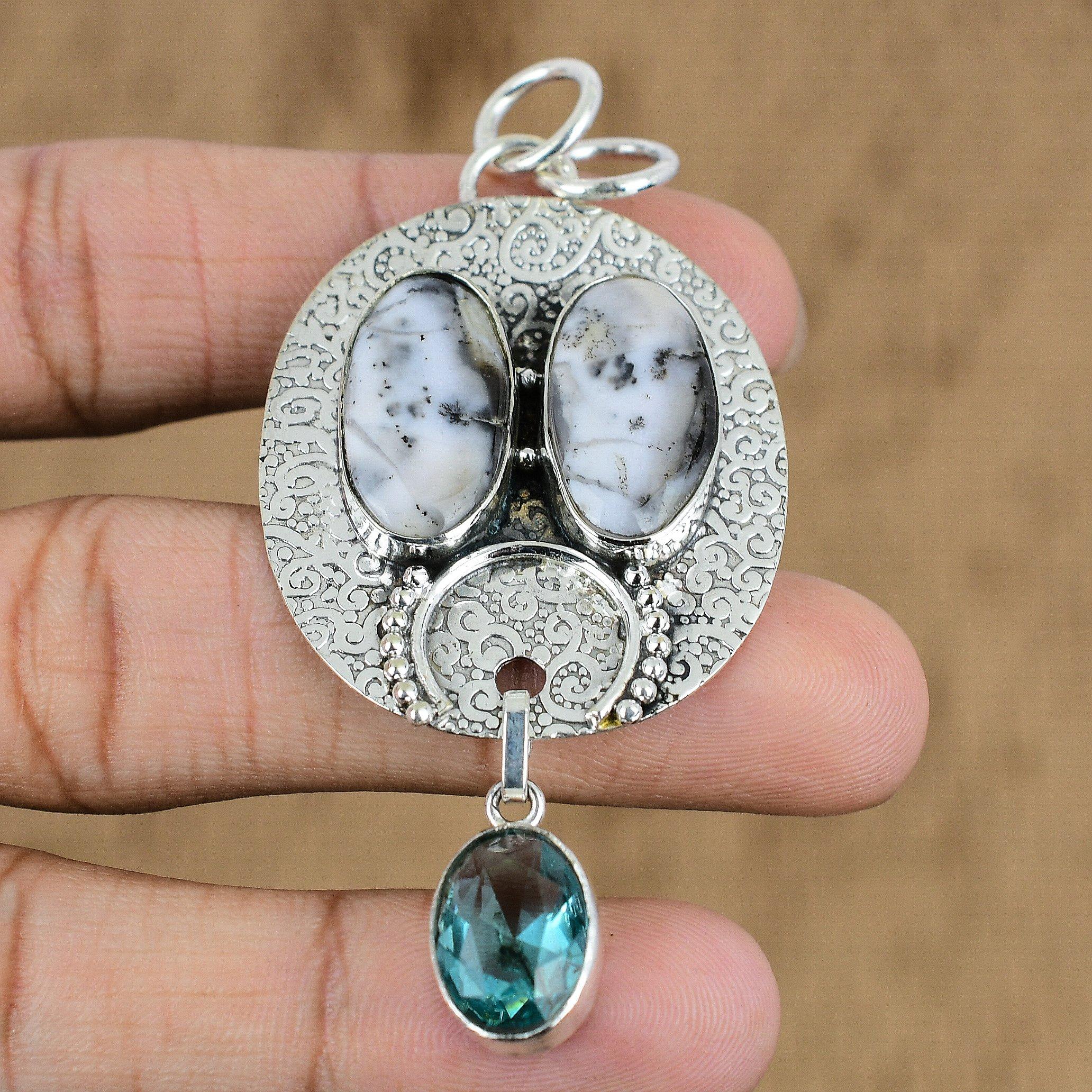 Natural Dendrite Opal Gemstone Pendant White 925 Sterling Silver Indian Jewelry