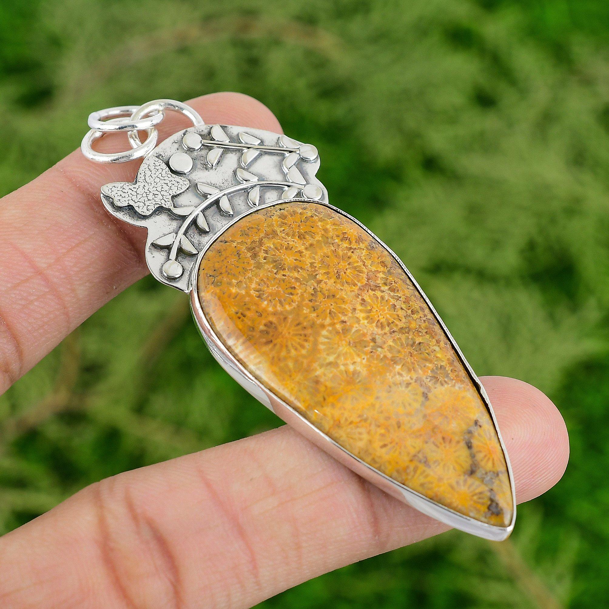 Daughters Day Deal Pear Fossil Coral Stone Wedding Pendant 925 Sterling Silver