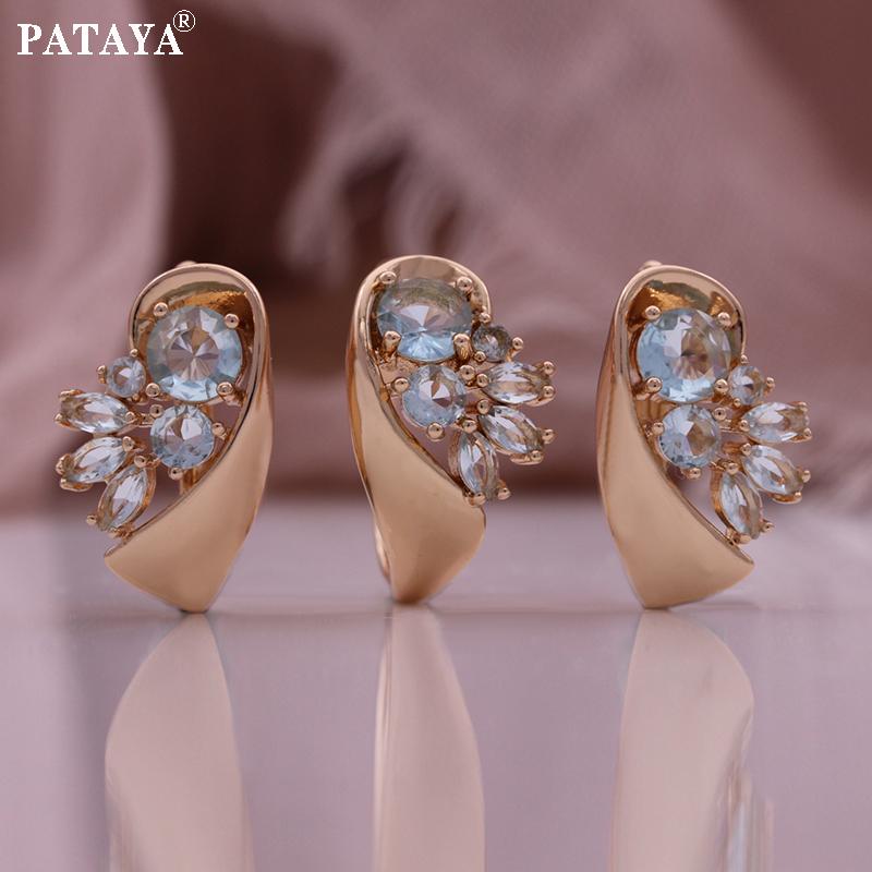 PATAYA 585 Roségoldfarbenes Hellblaues Künstliches Zirkon Ohrring Ring Kombinationsset