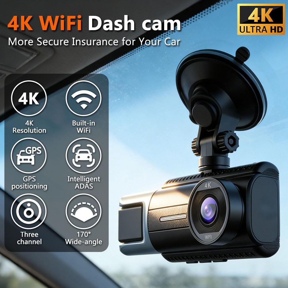 3-Kanal 4K Dashcam, Dreifache Aufnahme, Nachtsicht, Weitwinkel, WiFi, Handy-Synchronisation, Parküberwachung