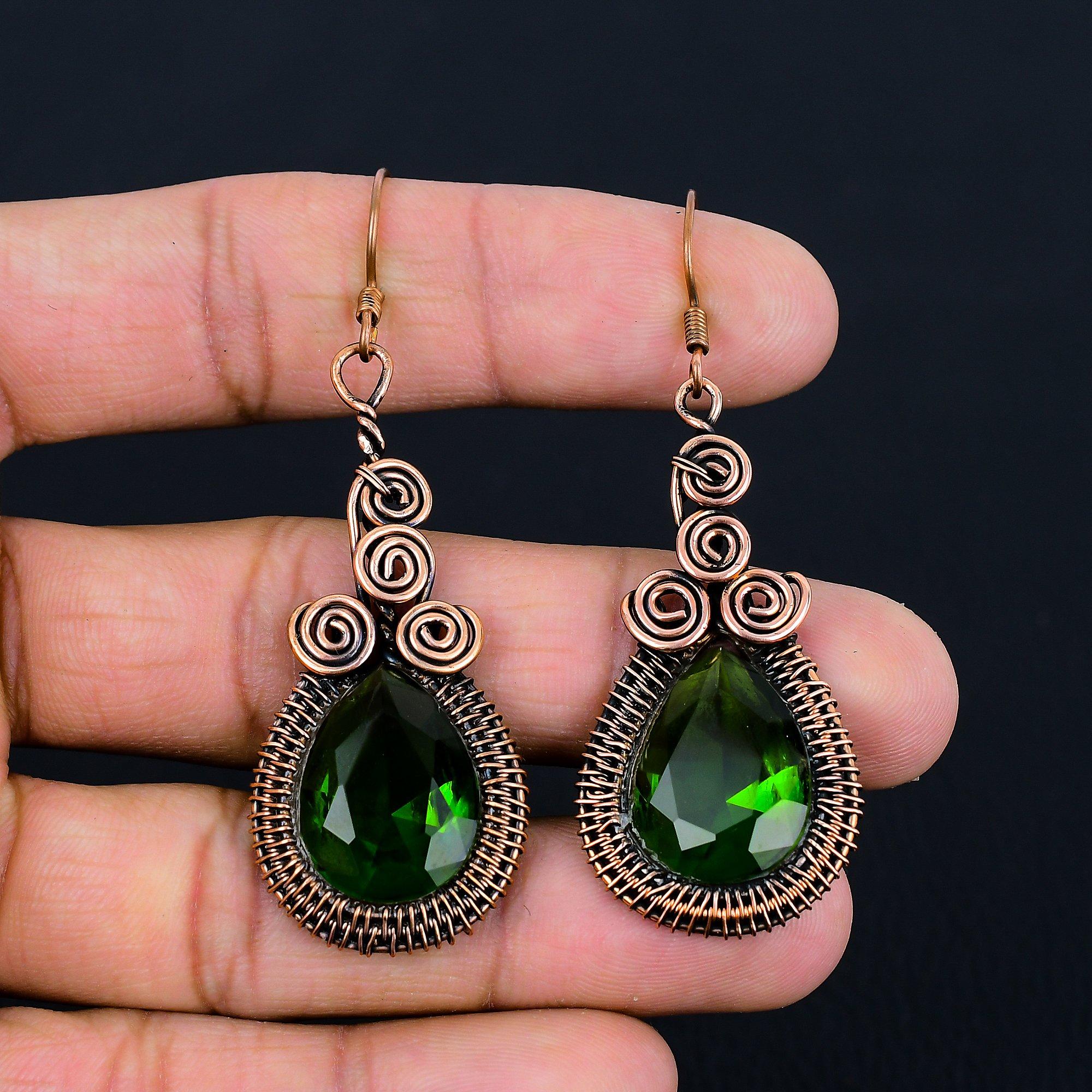 Peridot Gemstone Pure Copper Wire Wrap Handmade Wonderful Jewelry Earrings