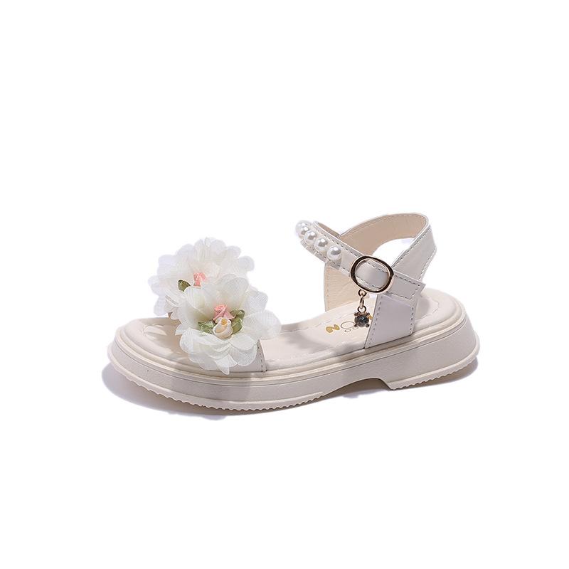 Girls Flowers Sandals Kids Sweet Princess Shoes for Party Wedding Kids Leather Sandals French Style Chic Summer Fashion 2024 New