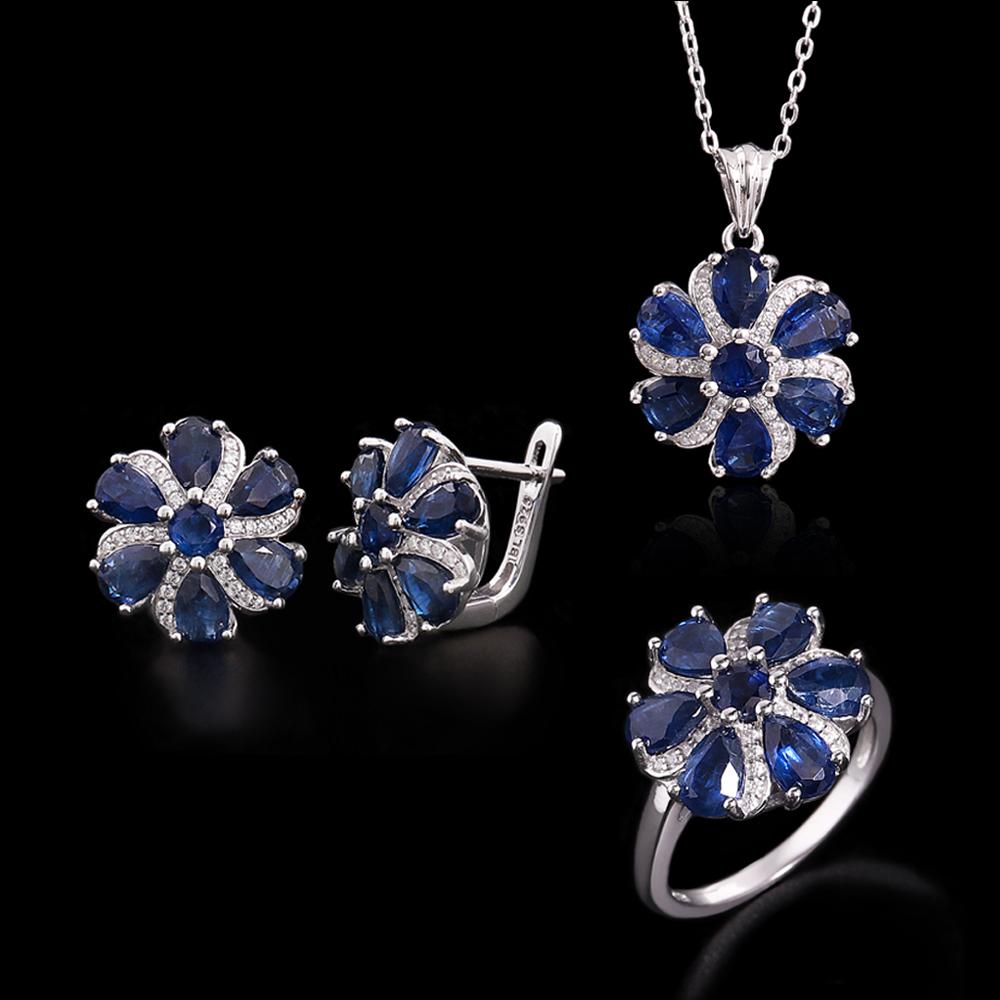 925 sterling silver Flower Shape jewelry set natural kyanite 16.28ct gemstones luxury fine jewelry for women's valentines gifts
