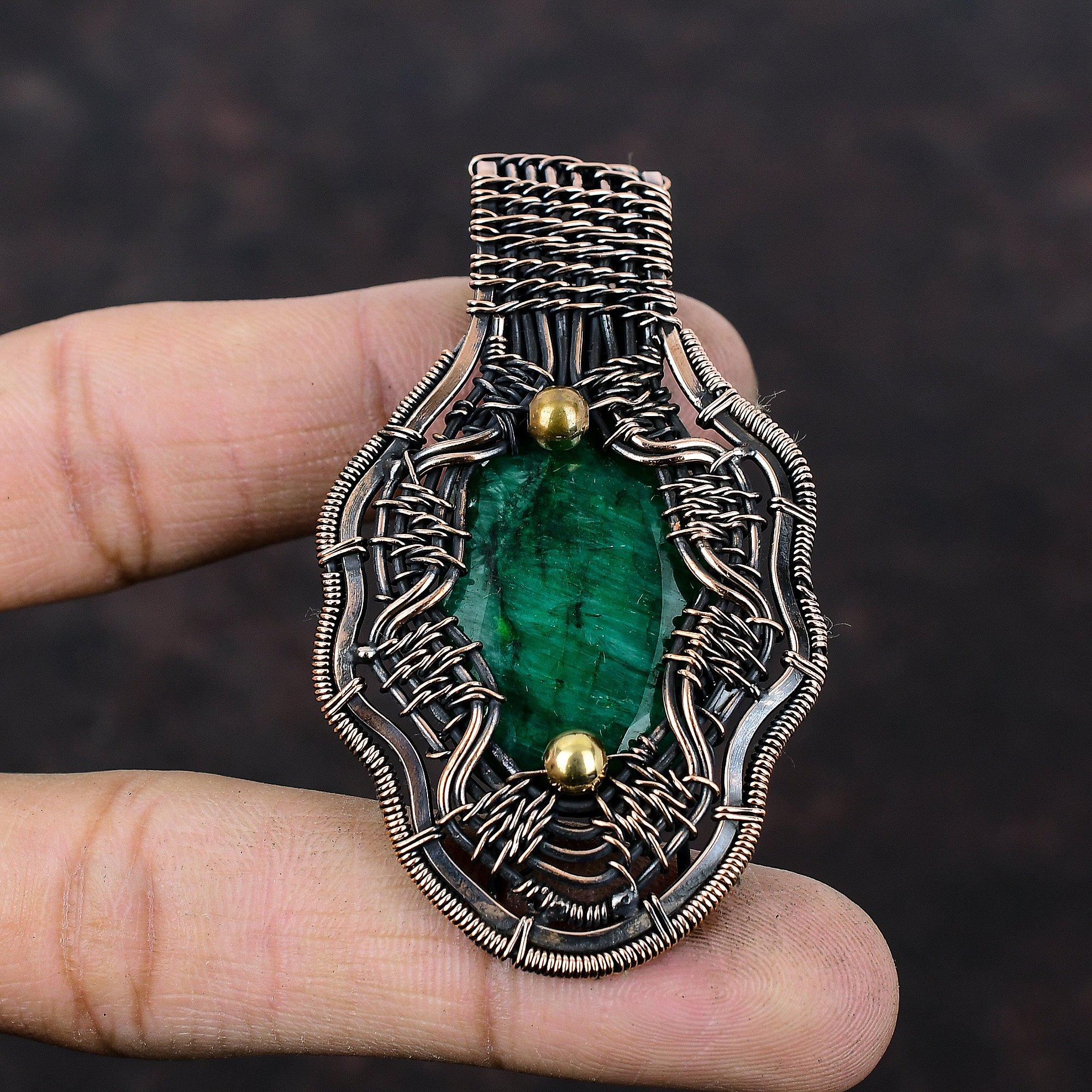 Faceted Zambian Emerald Pendant Copper Wire Wrapped Pendant Handmade Designer Pendant Gemstone Copper Jewelry Gift For Women Emerald Jewelry