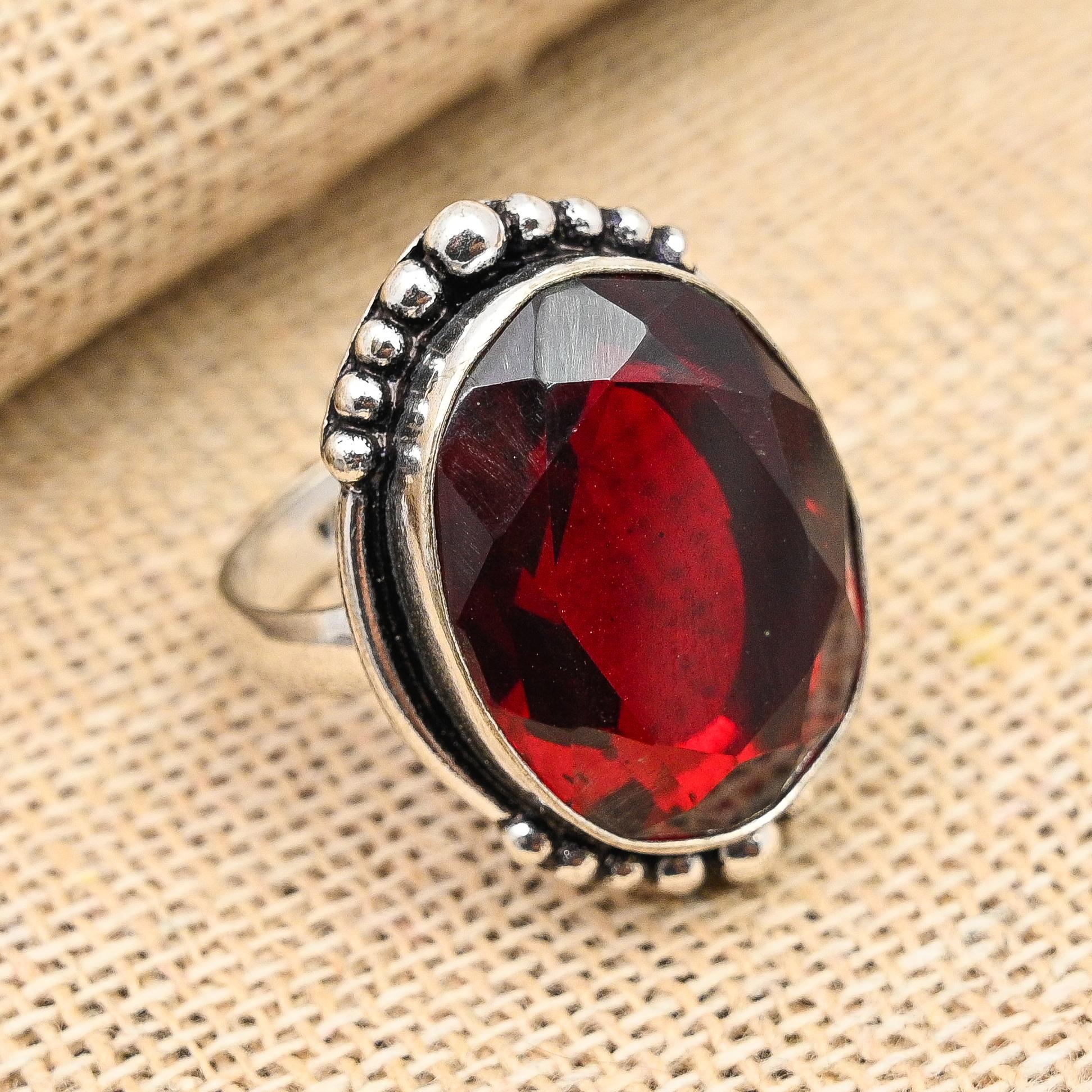 Bague En Argent Massif 925 Sertie D'un Grenat Et D'un Péridot - Occasion - Bijou Pierres Fines