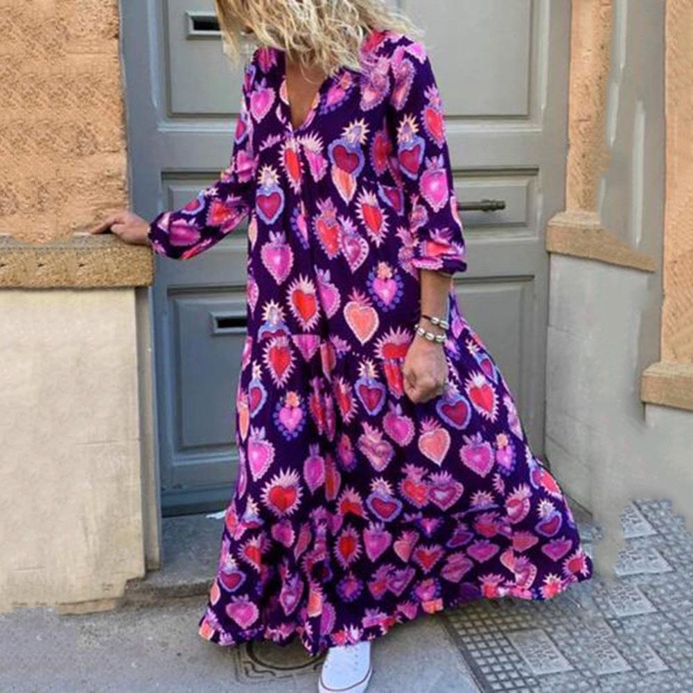 Women's Long Sleeve V Neck Loose Long Printed Plus Size Dress