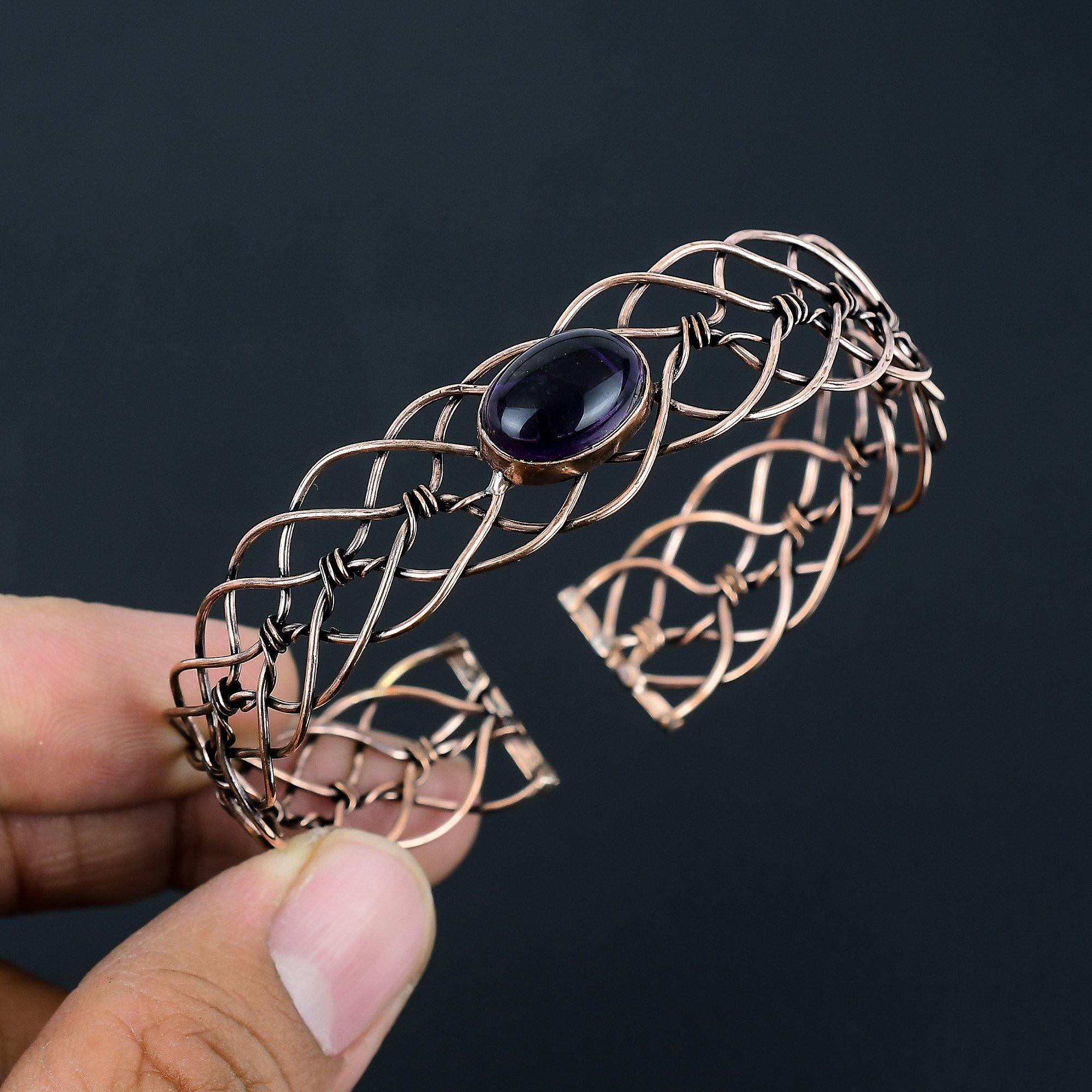 Ametist Ädelsten Handgjord Ren Koppartråd Wrap Smycken Justerbar Manschett För Bröllopspresent