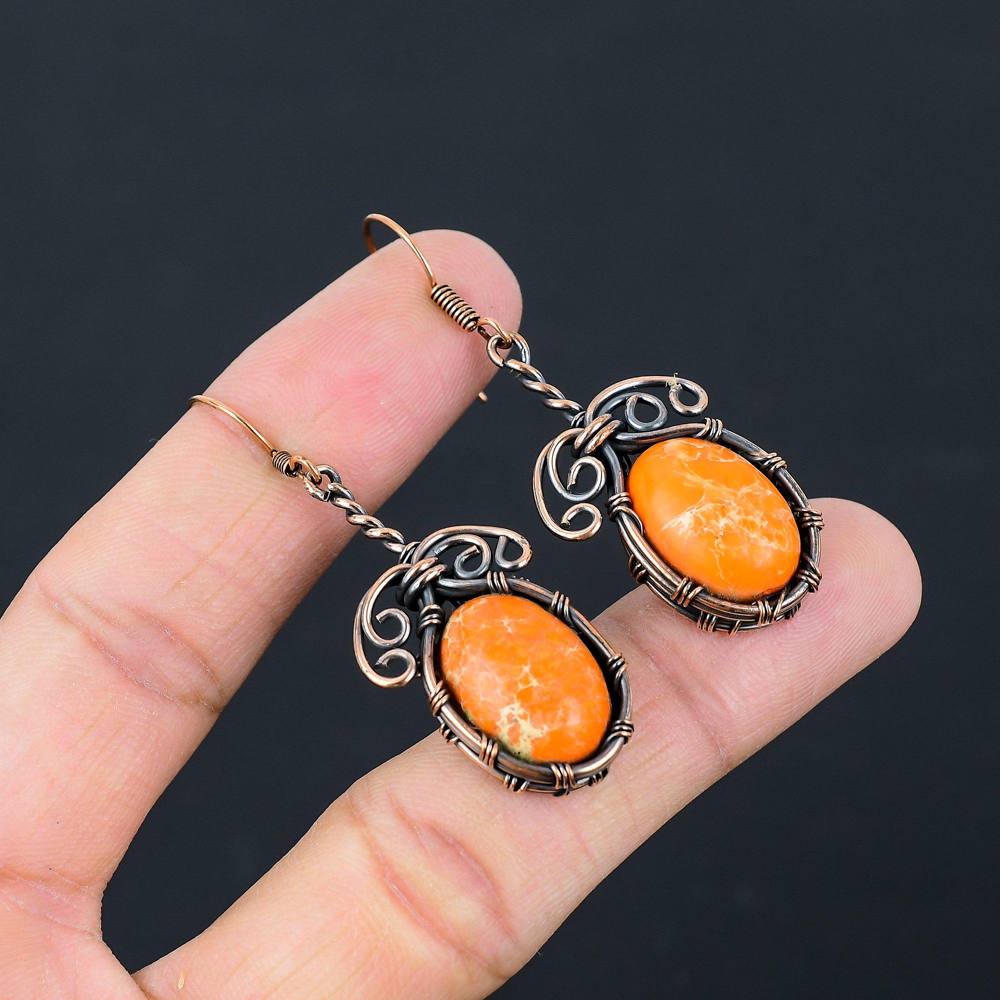 Orange Sea Sediment Gemstone Pure Copper Wire Wrapped Handmade Earrings Jewelry