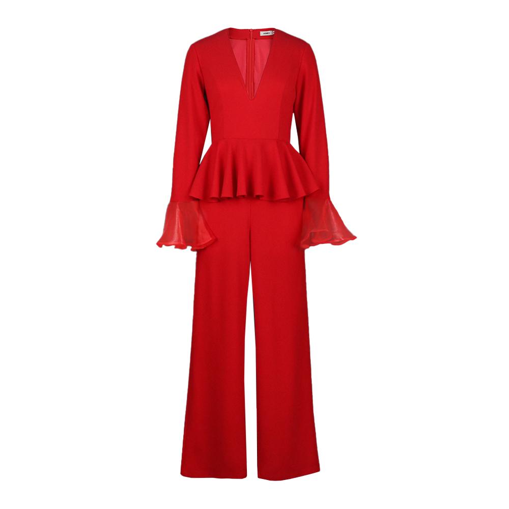 Buy Women Sexy Red Jumpsuits Flare Long Sleeve Tulle Stitching Wide Leg
