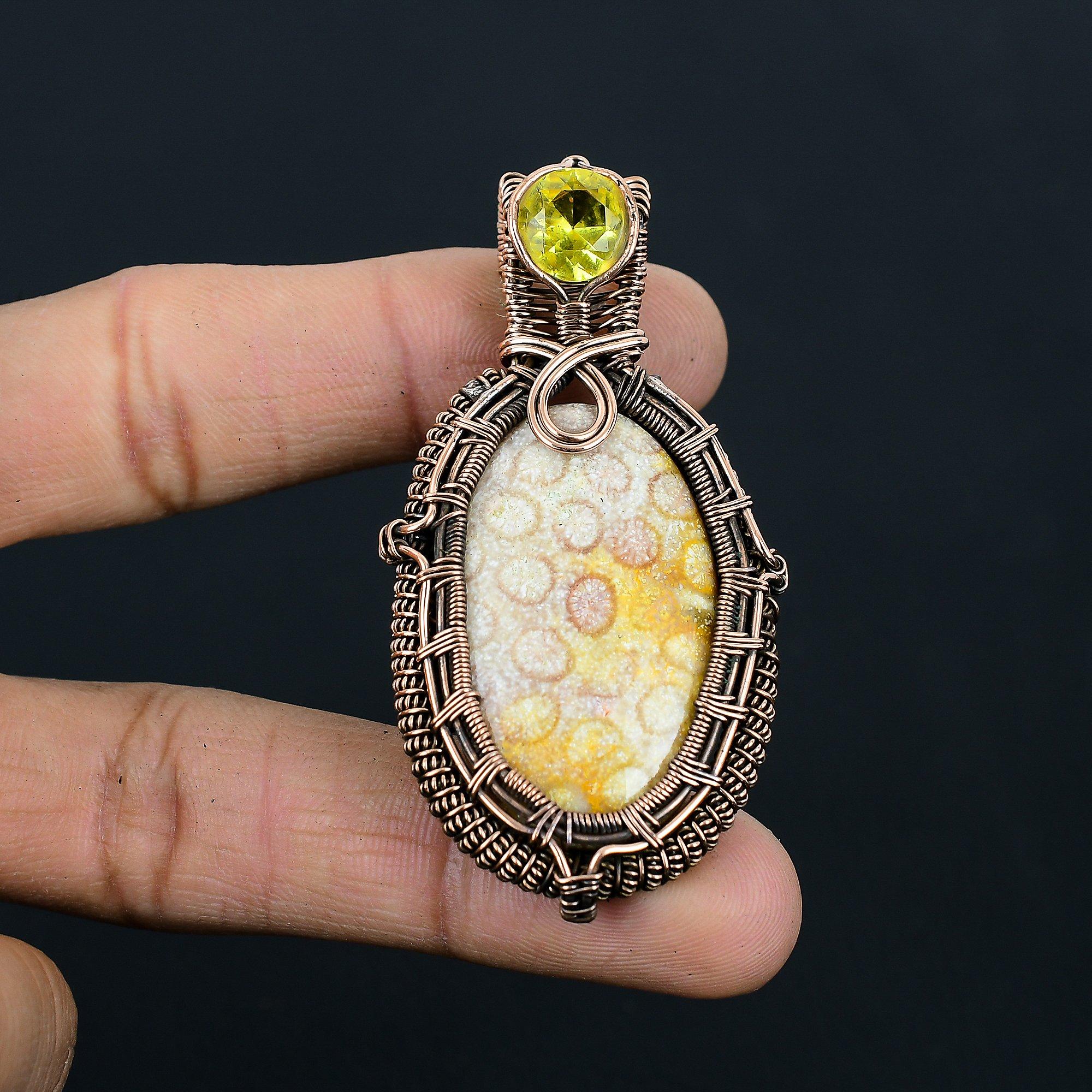 Amazing Fossil Coral & Citrine Gemstone Handmade Pure Copper Wire Wrap Jewelry Pendant