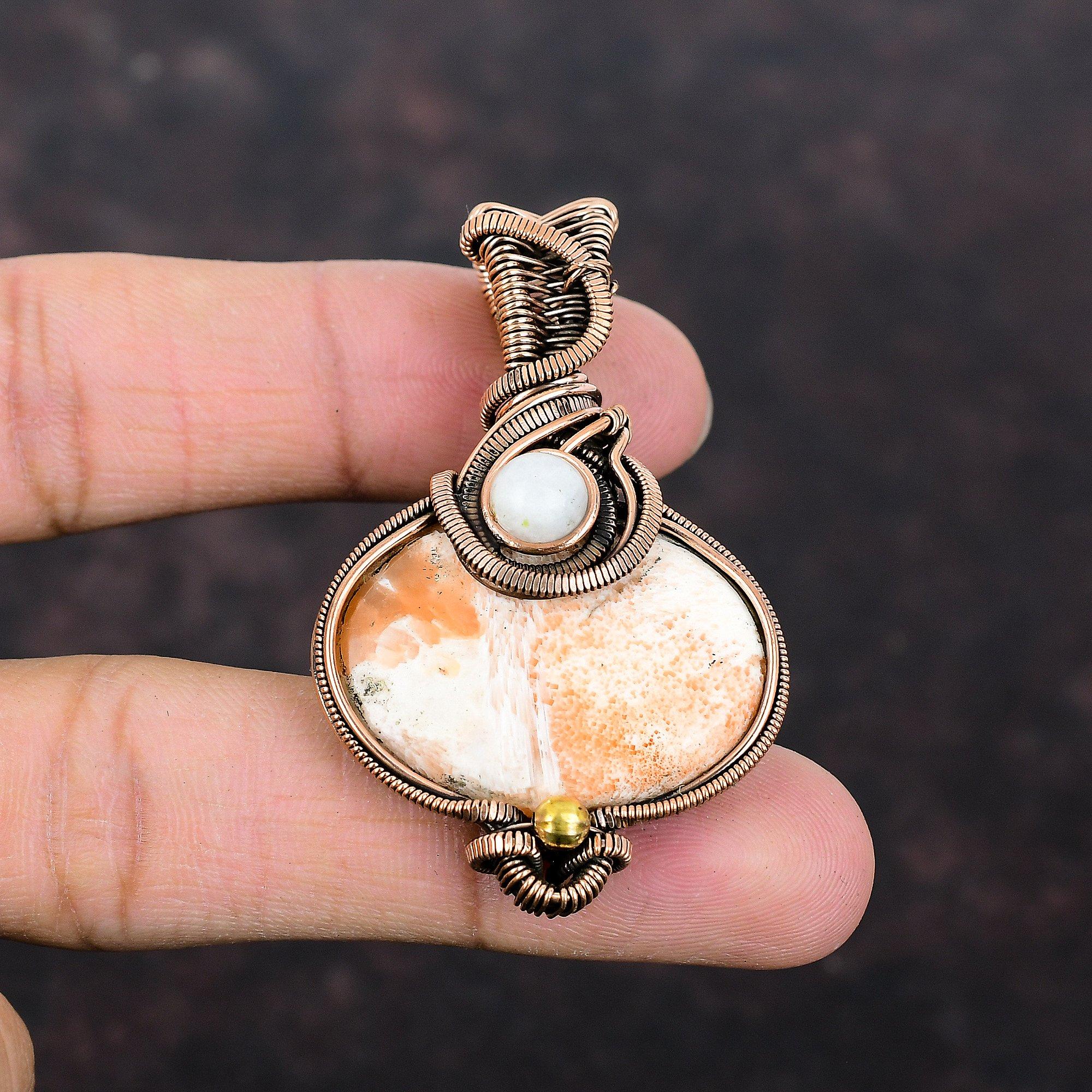 Scolecite Gemstone Pendant Copper Wire Wrapped Jewelry Natural Rainbow Moonstone Pendant Handmade Pendant Dainty Copper Jewelry Wedding Gift