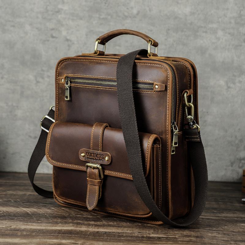 CONTACT'S Genuine Leather Sling Shoulder Bags for Men High Quality Messenger Business Bags Durable Men Crossbody Bags for 8.3 Inch Pad