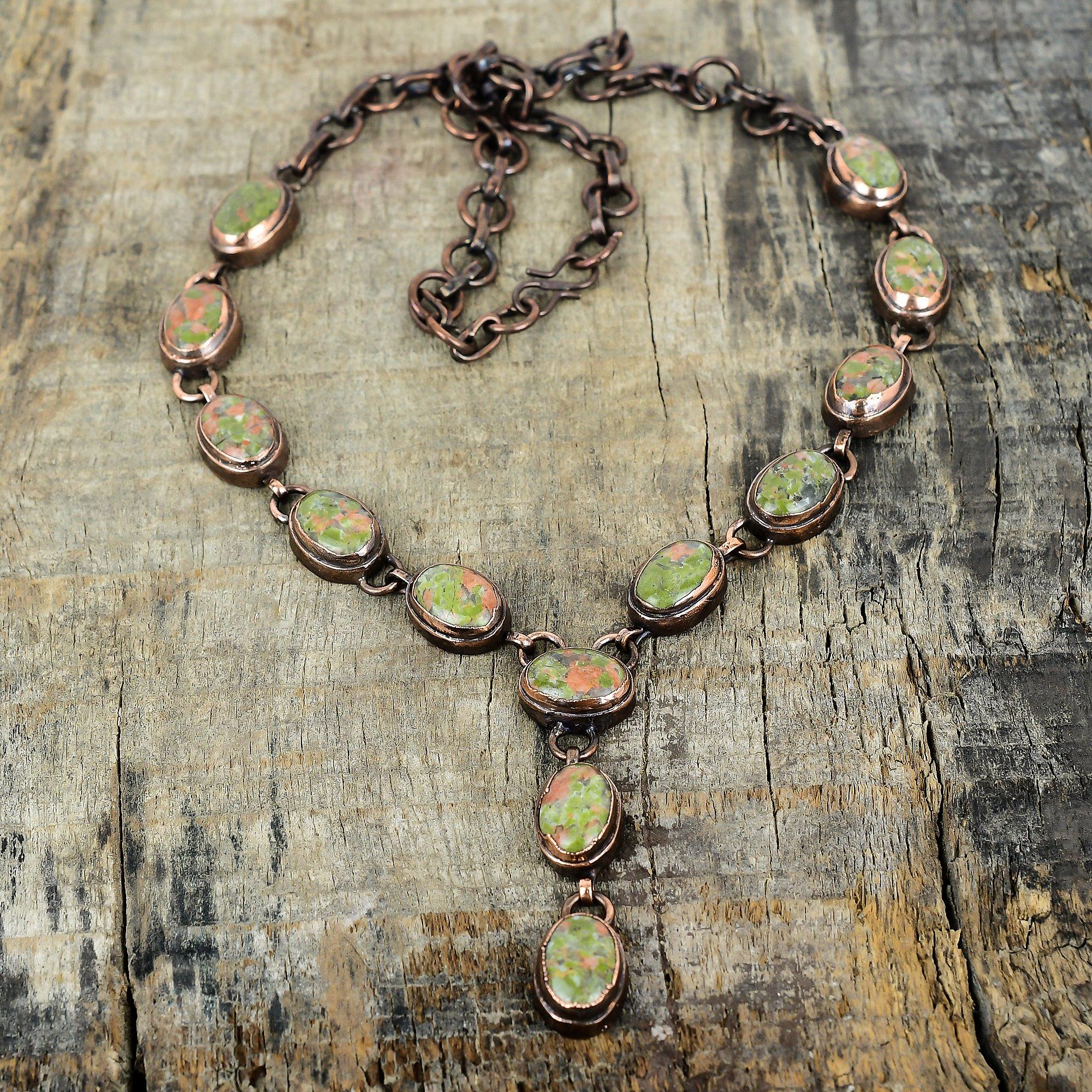 Unakite Necklace Electroformed Copper Adjustable Chain Necklace Gemstone Copper Jewelry Anniversary Gifts Handmade Necklace Designer Jewelry