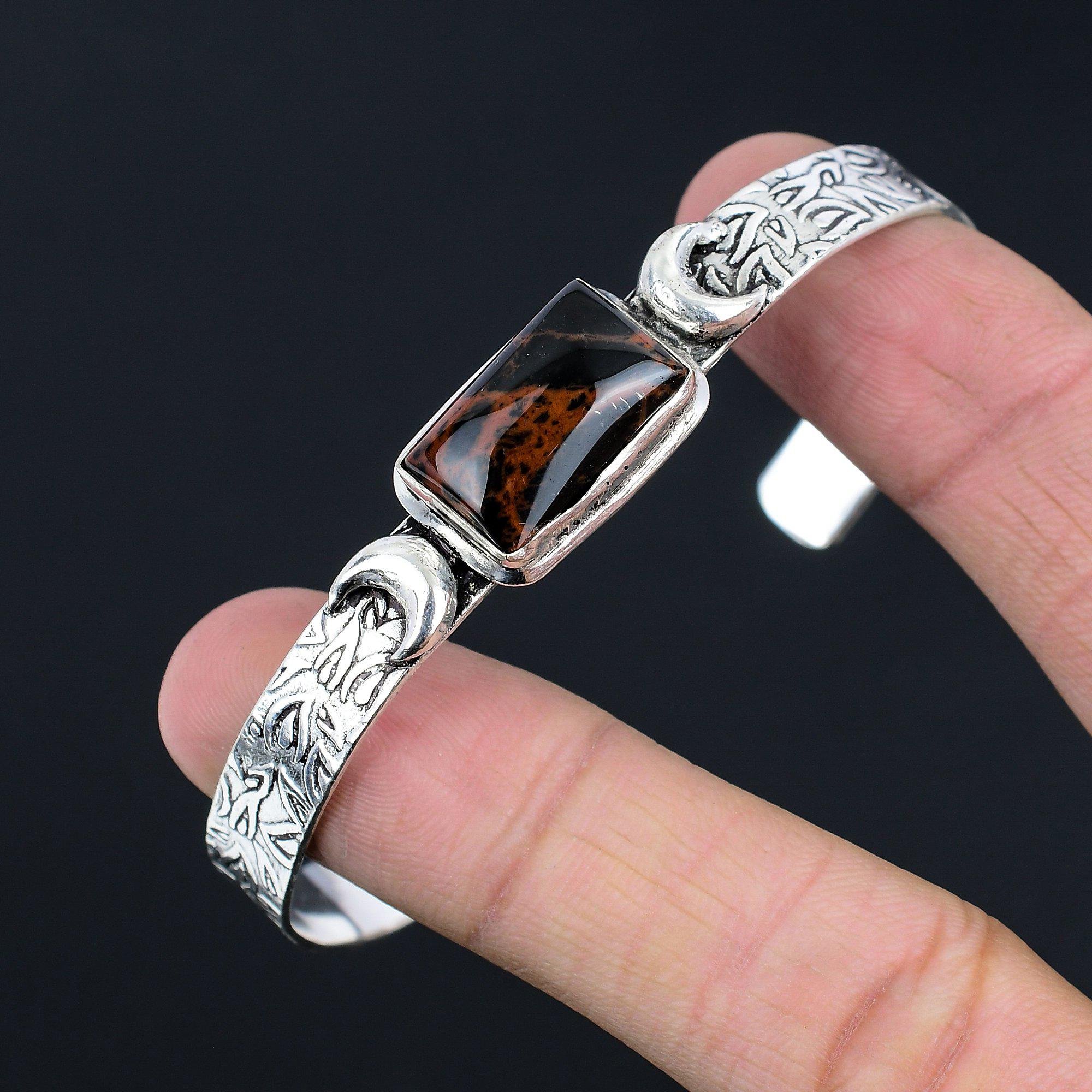 Vente d'Halloween Bracelet en Argent 925 Obsidienne Acajou Pierre Précieuse Épouse Croissant de Lune