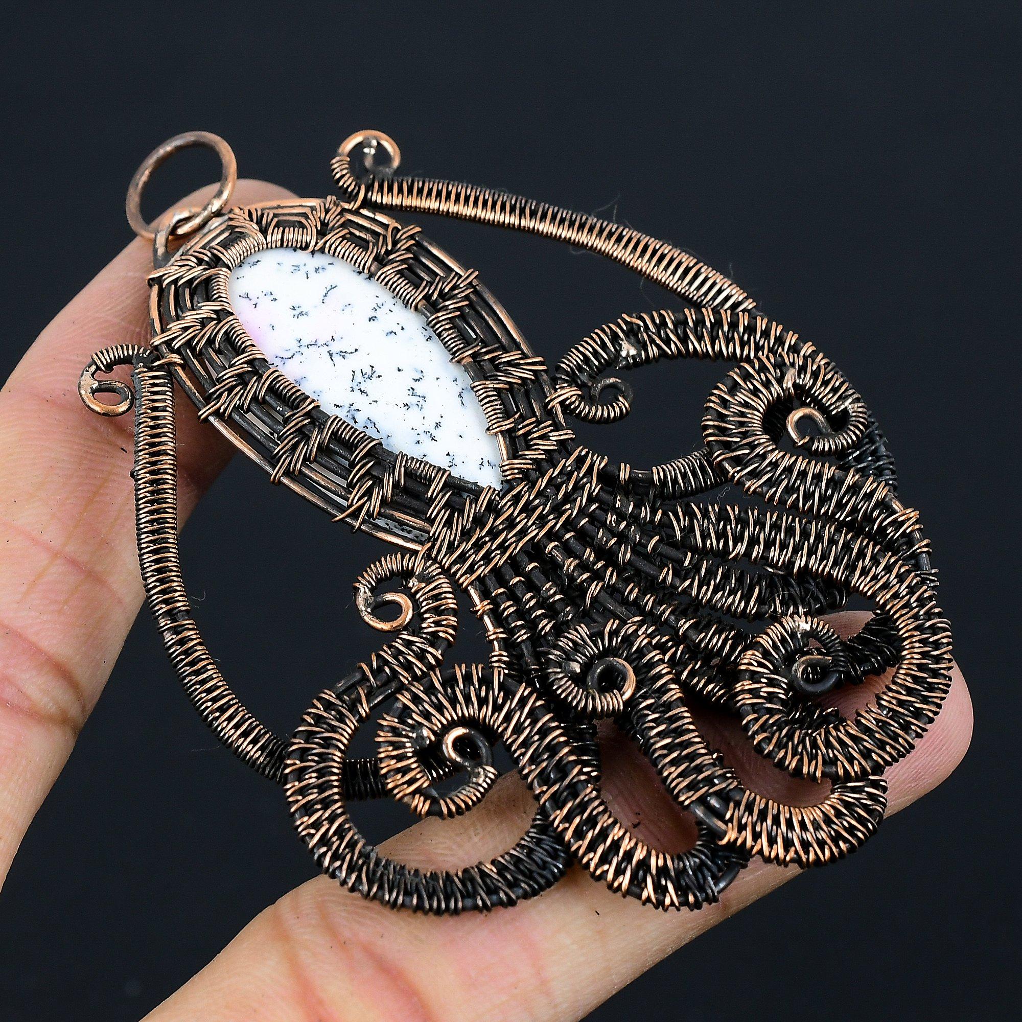 Octopus Shape Dendrite Opal Gemstone Pure Copper Wire Wrapped Handmade Pendant Fancy Jewelry