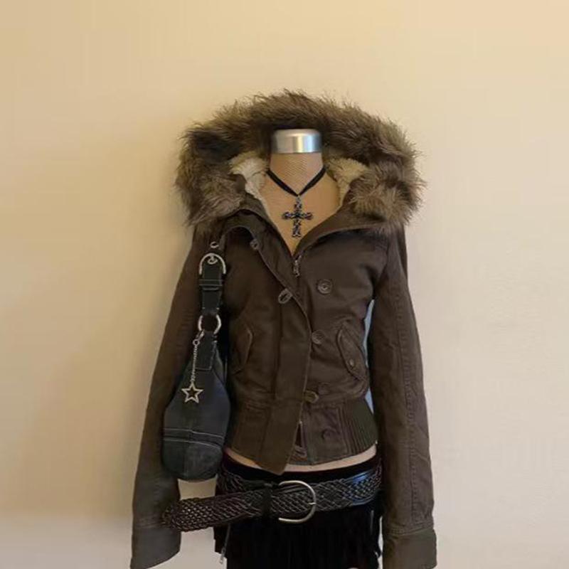 Y2K Fur Lined Jacket Vintage Women's Hooded Coat with Faux Fur Trim and Ribbed Cuffs Casual Short Jacket