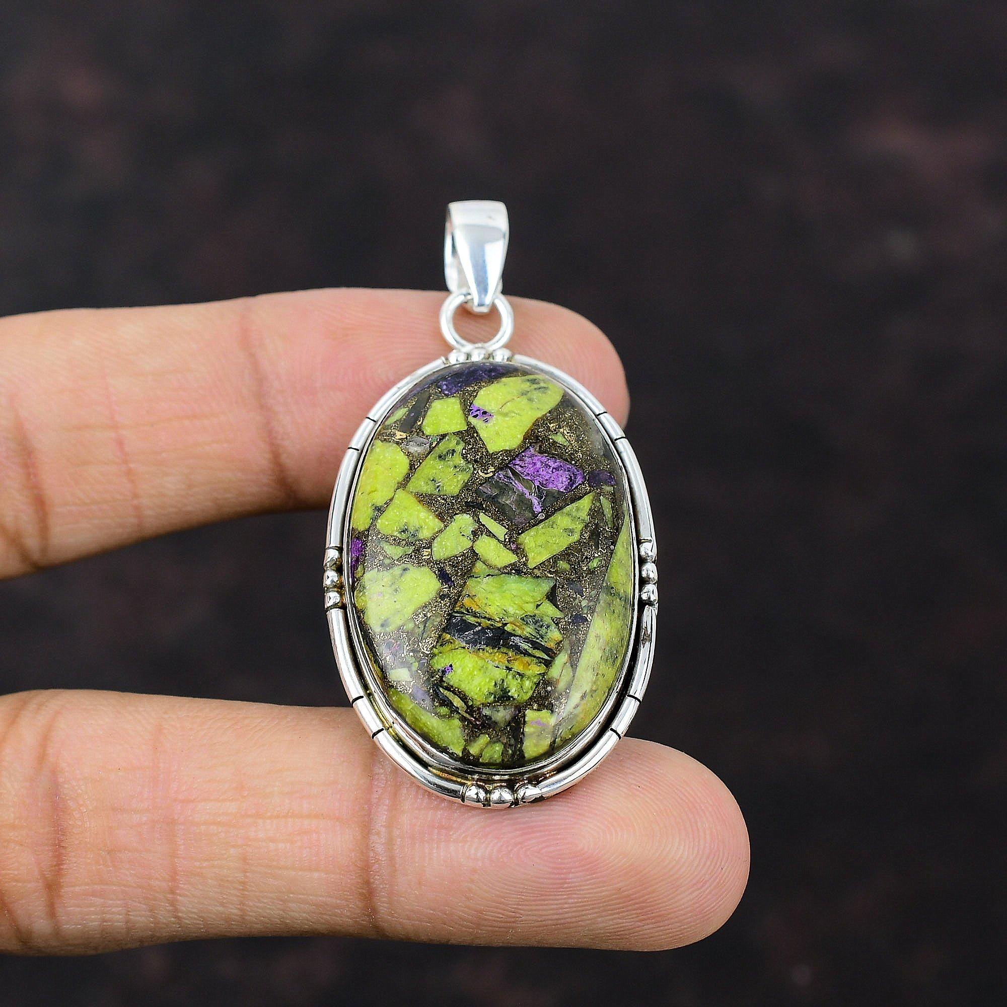 Hänge i kopparstichtit Naturlig ädelstenssmycke 925 Sterlingsilverhänge Handgjort Hänge i Hippiestil Gåva till kvinnor Stichtitsmycke