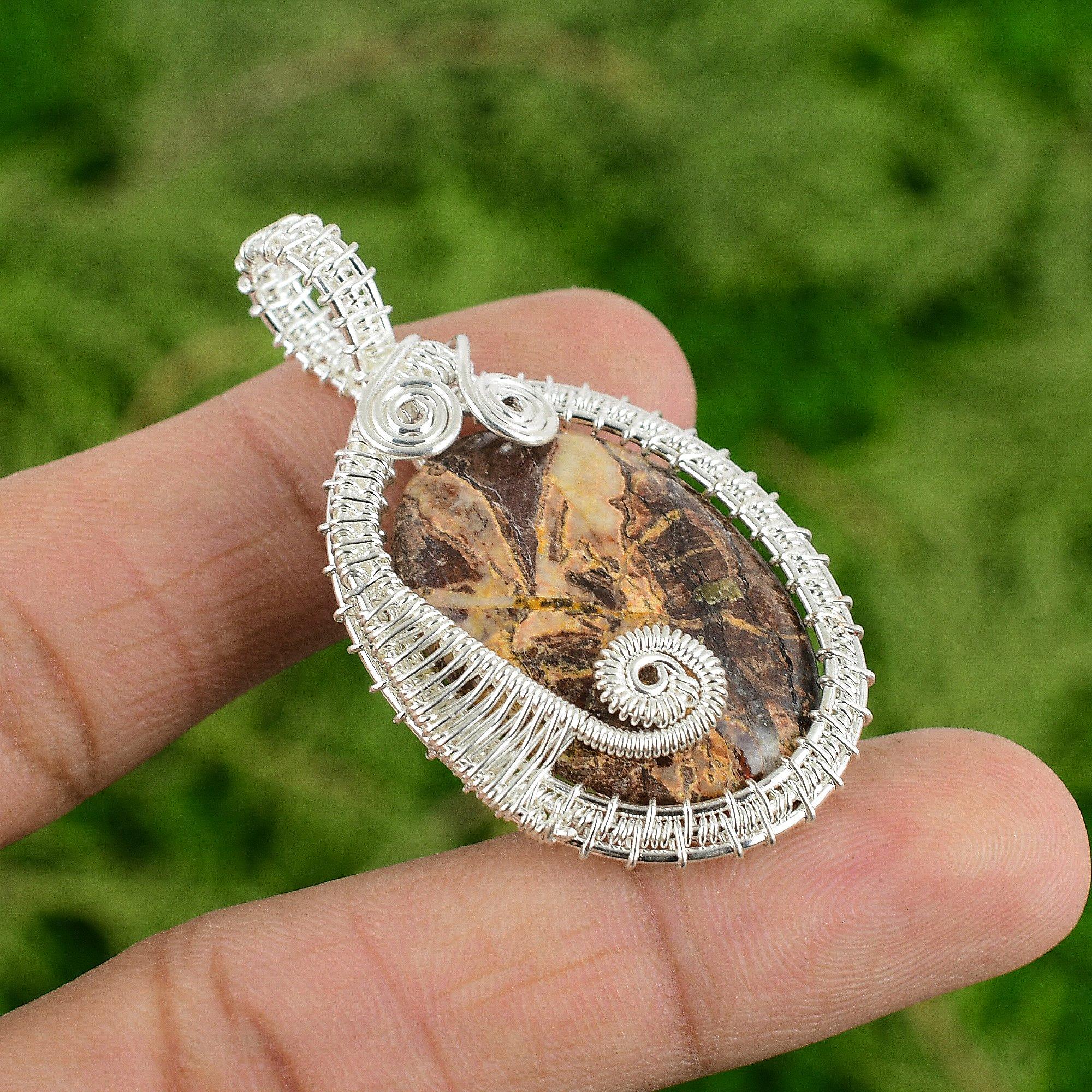 Anniversary Gift For Her Natural Coconut Jasper Pendant Wire Wrap 925 Silver