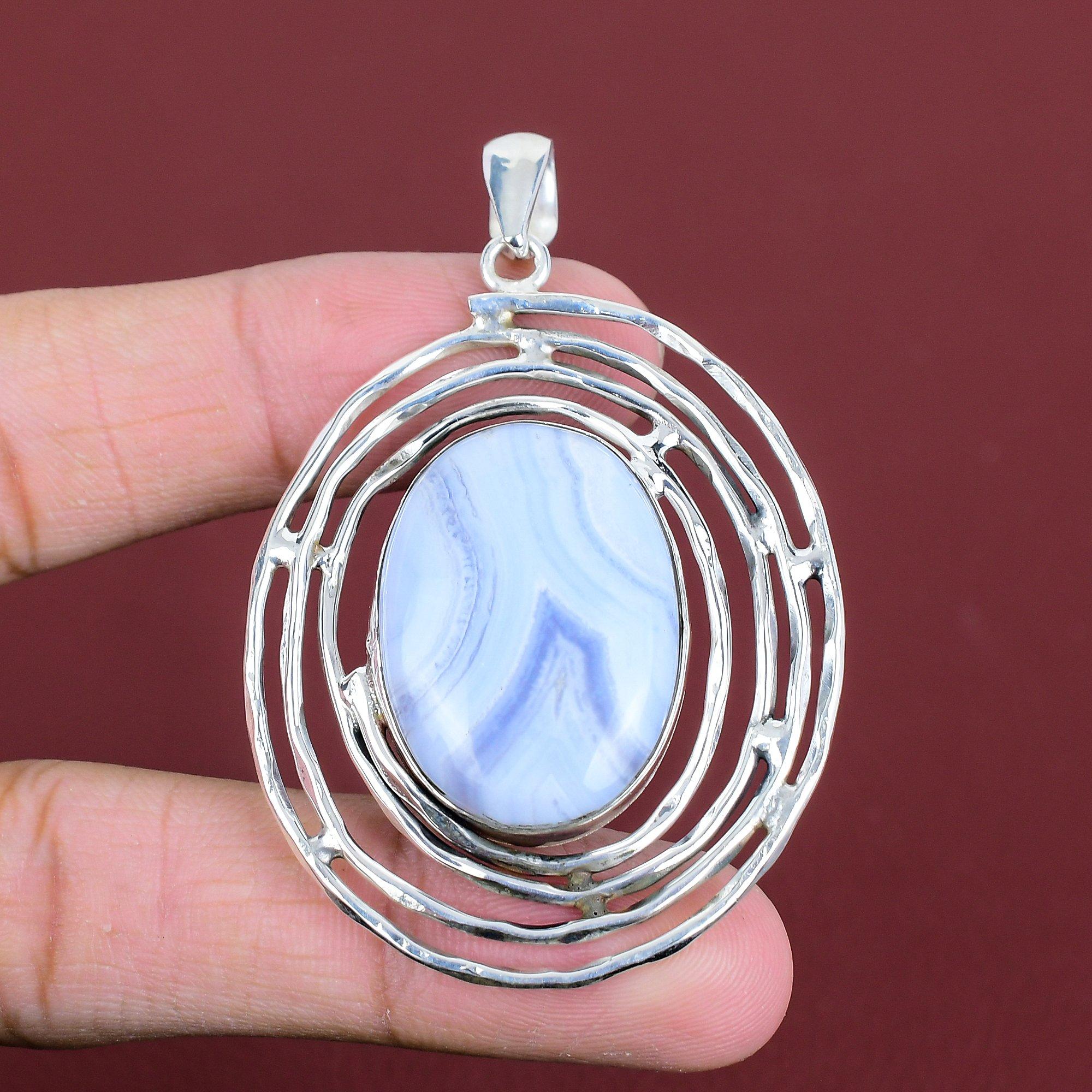 Blue Lace Agate Pendant Gemstone Pendant 925 Sterling Silver Pendant Healing Stone Jewelry Handmade Pendant Gifts For Friend Antique Jewelry