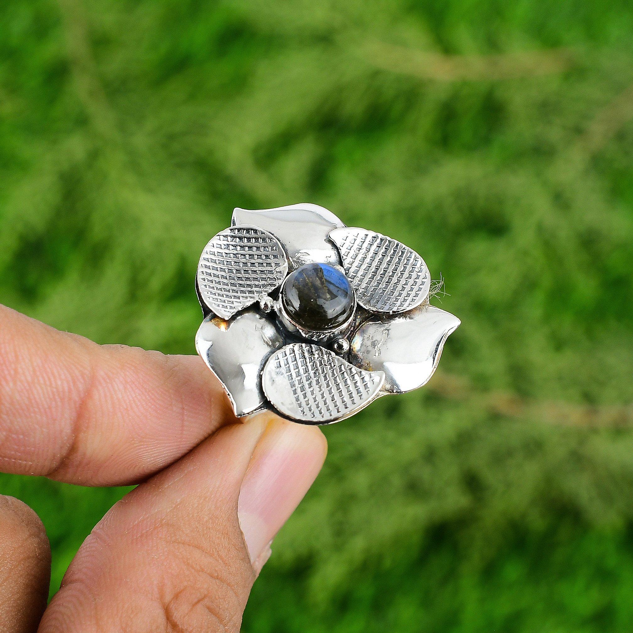 Gift For Women Multi Stone Flower Adjustable Ring 925 Silver Natural Labradorite