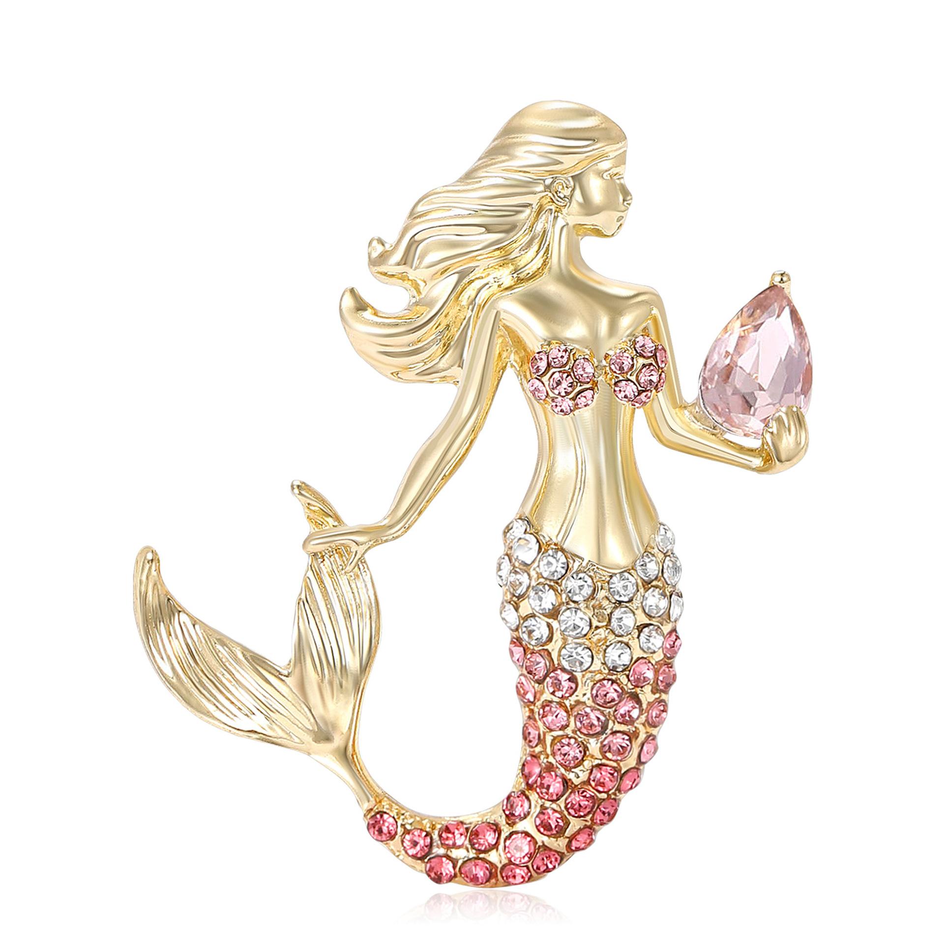 Mermaid Girl Rhineston Conch Brooch Crystal Tail Pins Jewelry Accessory Gift