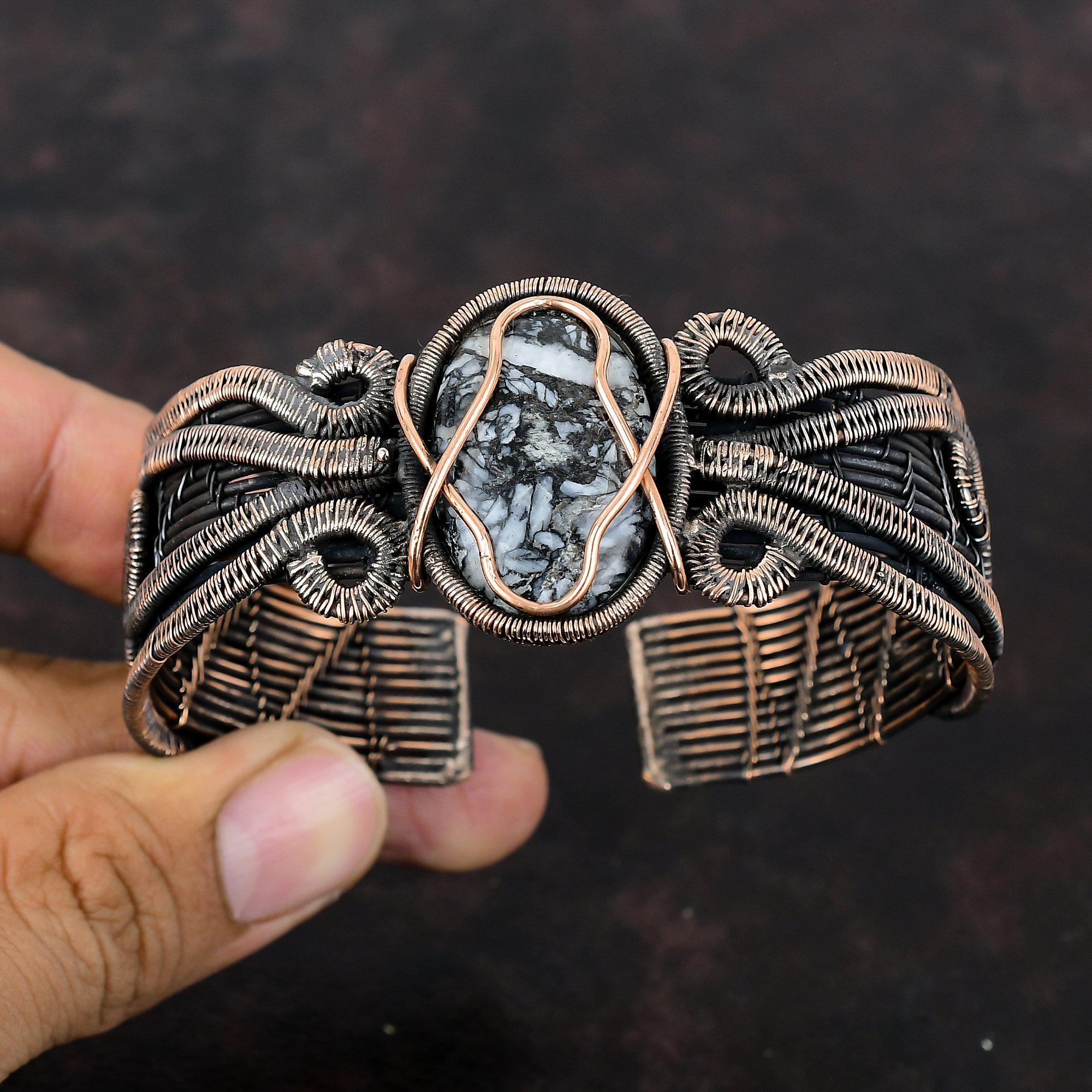 Pinolith Jasper Bangle Copper Wire Wrapped Cuff Bracelet Adjustable Bangle Handmade Jewelry Gemstone Bangle Copper WireJewelry Gift For Her