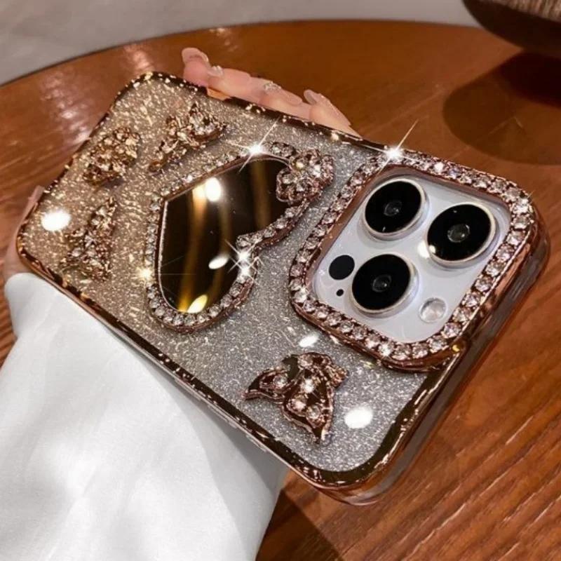Hjerte Sminkespeil Deksel For iPhone 16 Pro Max 15 Plus Plating Sommerfugl Deksel For iPhone 14 Pro 13 12 11 Glitter Diamant Deksel
