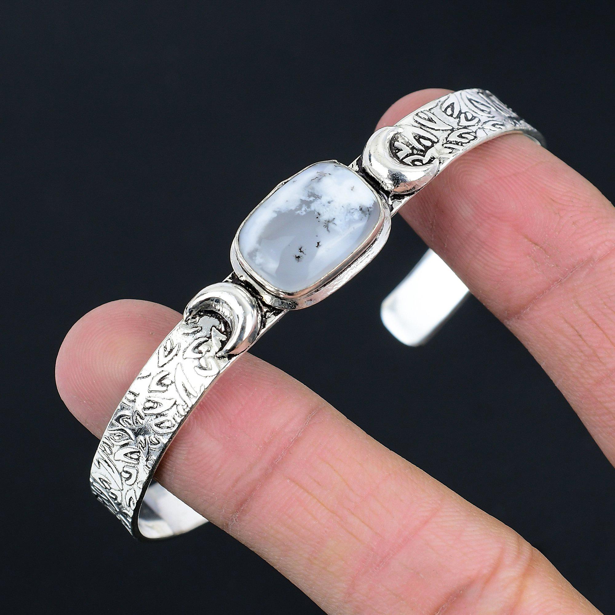 Vente de la Journée des Sœurs Opale Dendritique Pierre Précieuse Croissant de Lune Bracelet Bijoux Argent 925