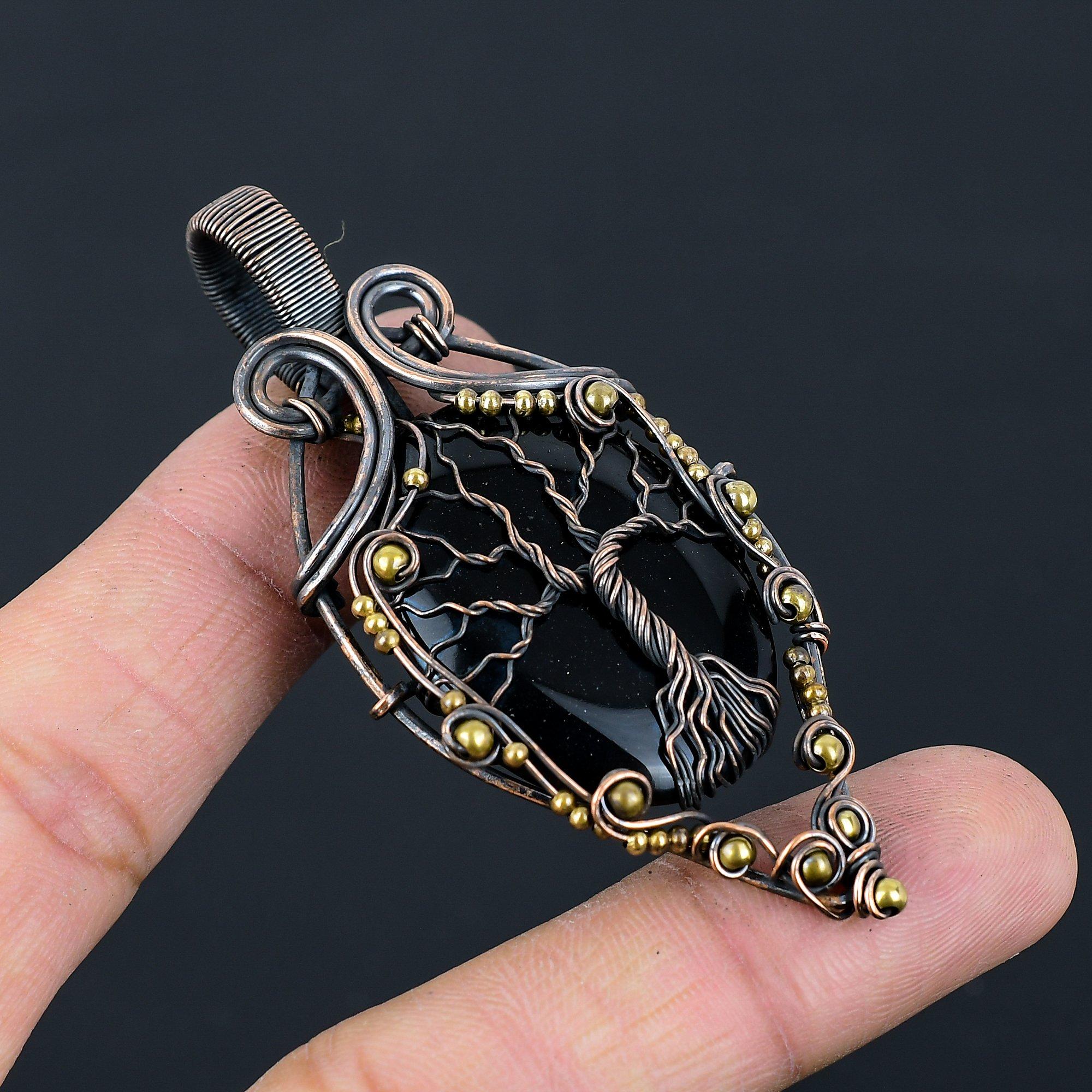 Tree Of Life Black Onyx Gemstone Pure Copper Wire Wrapped Handmade Pendant Jewelry