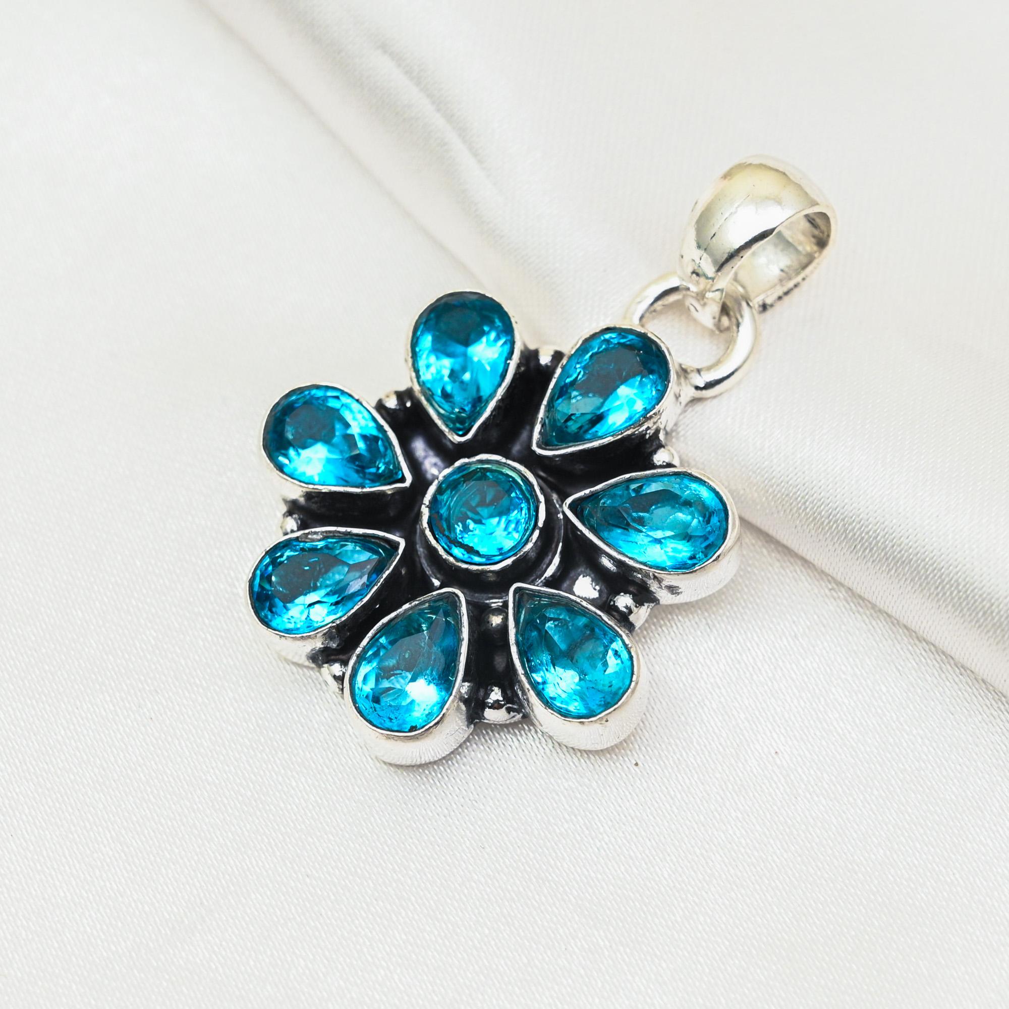 Blue Topaz Pendant, 925 Solid Sterling Silver Gemstone Jewelry, Handmade Pendant, For Thanksgiving