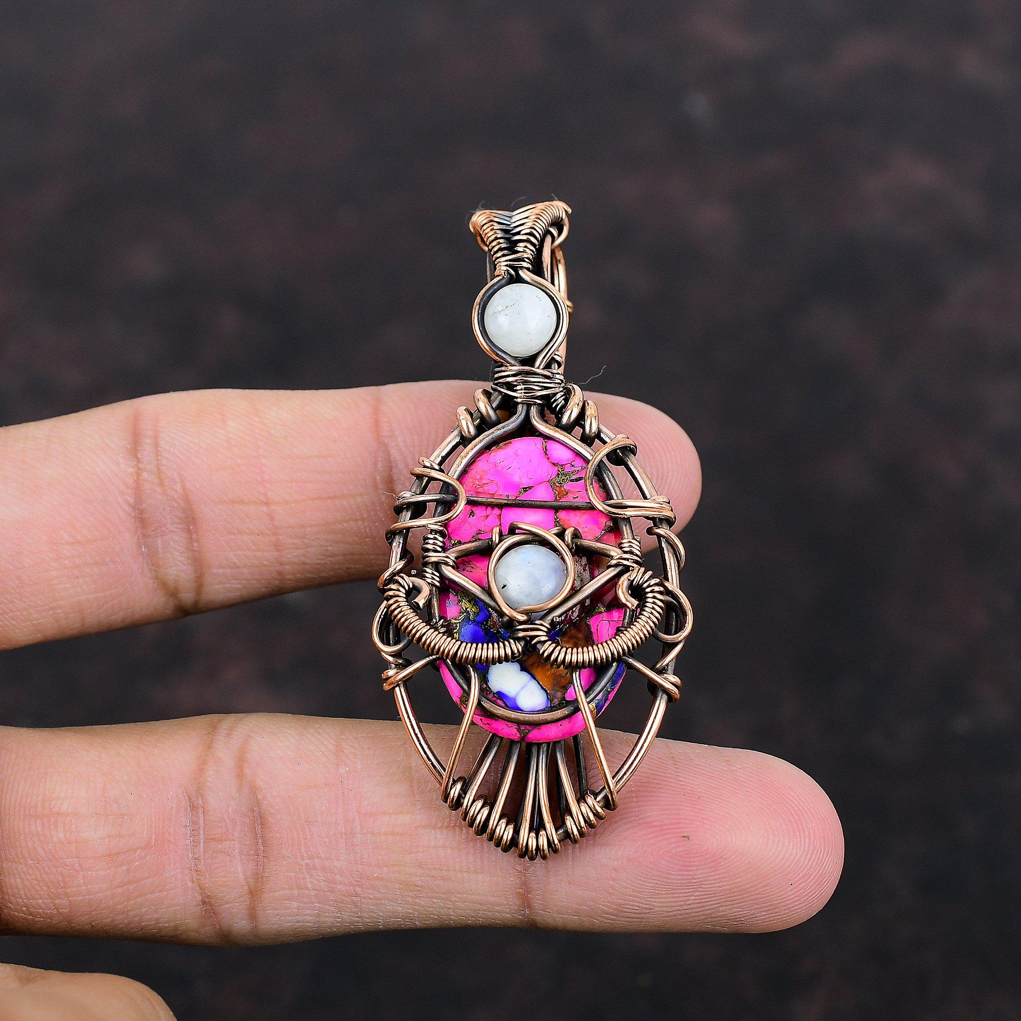 Természetes Kingman Rózsaszín Dália Türkiz Medál Rézhuzallal Tekert Medál Gonosz Szem Medál Kézzel Készített Drágakő Medál Holdkő Huzal Ékszer