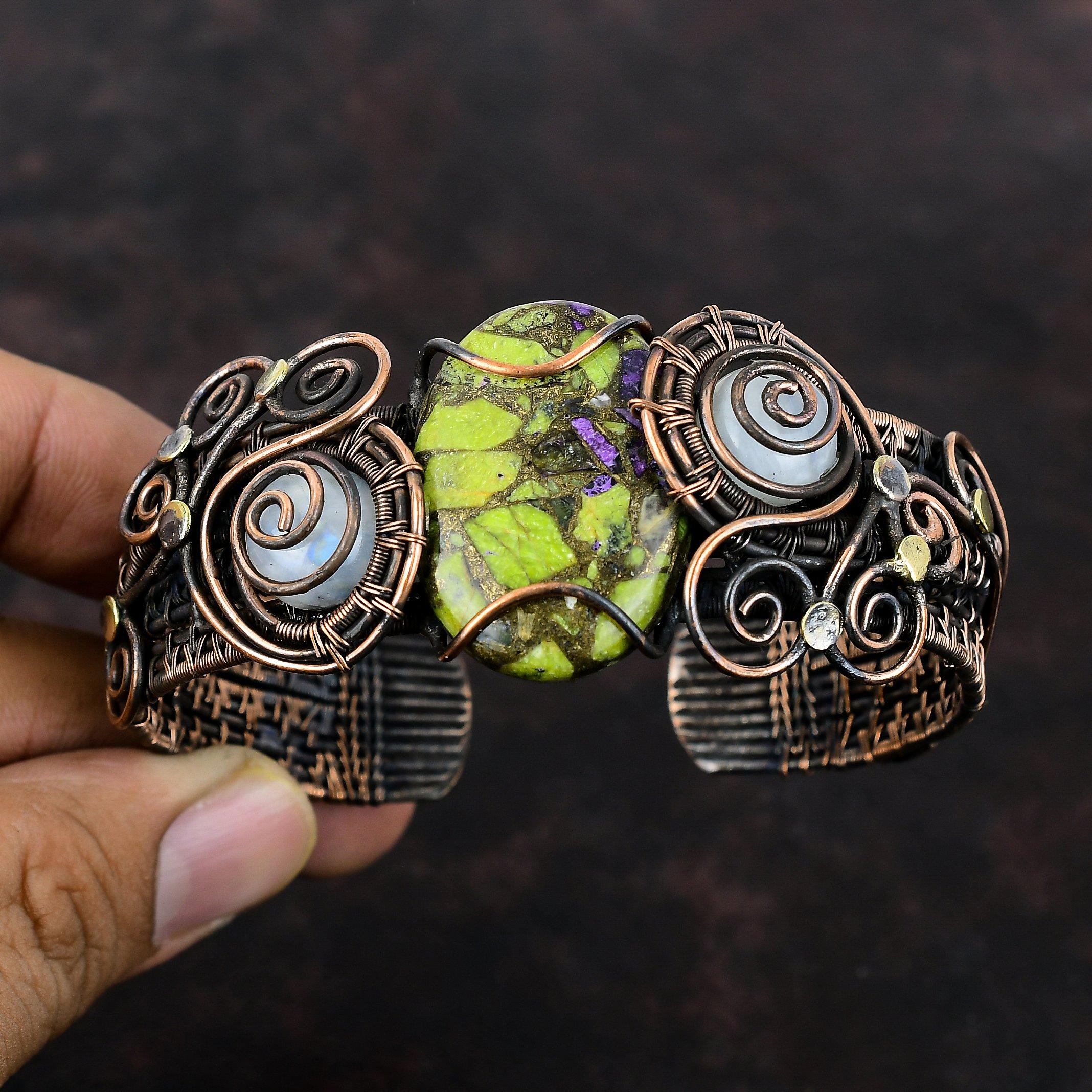 Bracelet manchette en stichtite de cuivre Bracelet en pierre de lune arc-en-ciel Bracelet manchette en pierres précieuses enveloppé de fil de cuivre Bracelet réglable Bijoux en cuivre faits à la main