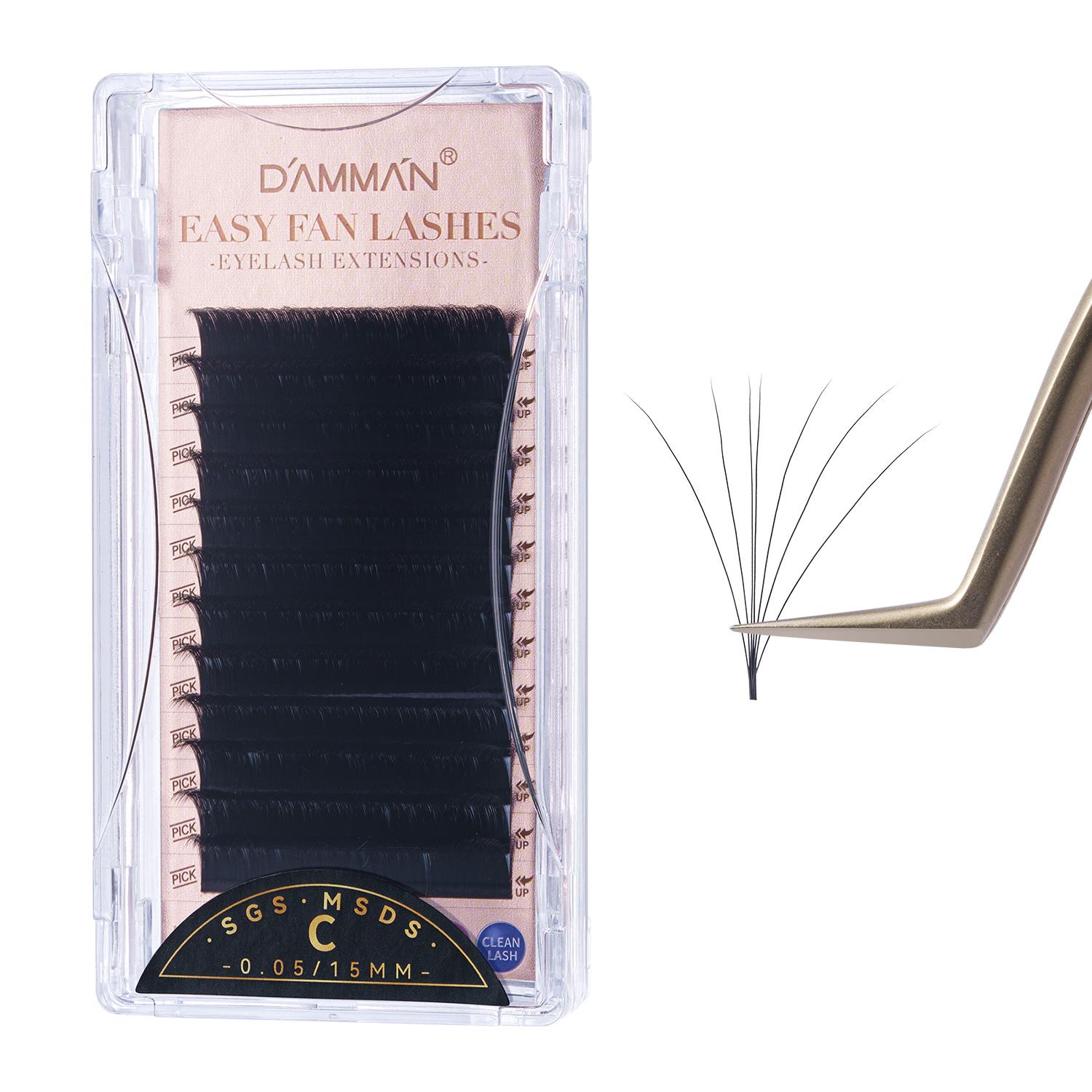 Damman 1 box of 12 rows of easy-fan eyelash extensions, 8-15mm, automatic fan-shaped eyelashes, 0.05/0.07 C/D curvature, easy-blooming eyelashes.