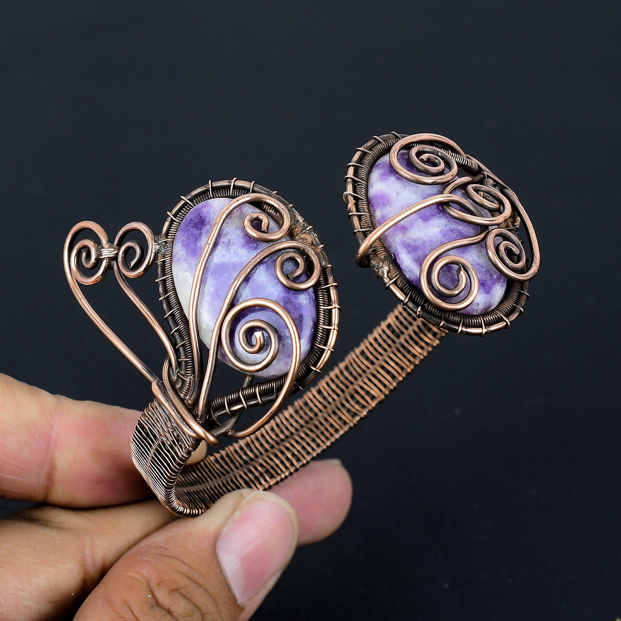 Chevron Amethyst Gemstone Pure Copper Wire Wrapped Handmade Cuff/ Bangle Jewelry Gift