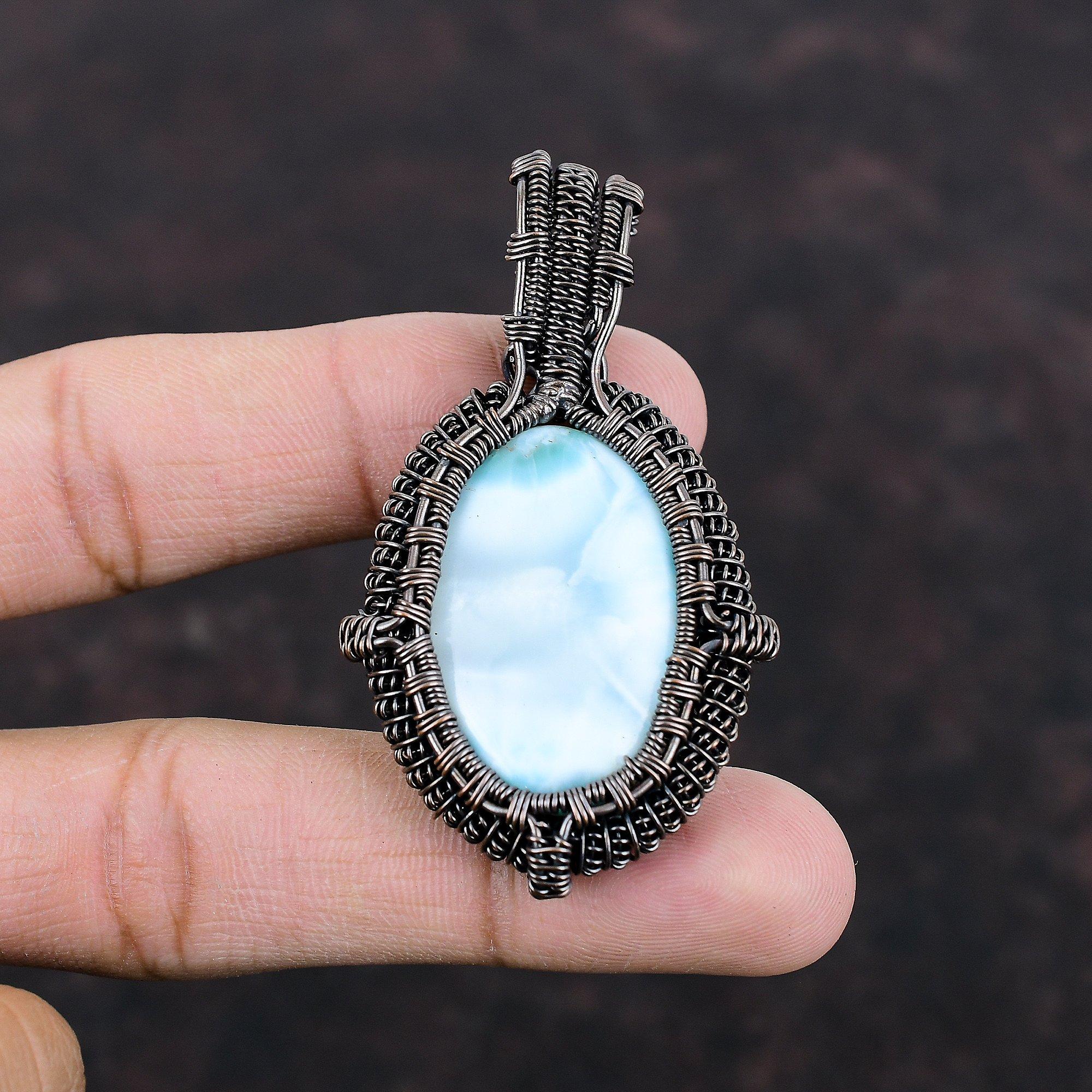 Larimar Anhänger Kupferdraht gewickelter Anhänger Handgefertigter Schmuck Neuestes Design Anhänger Kupferschmuck Höchste Qualität Edelsteinanhänger Geschenk für Ihn