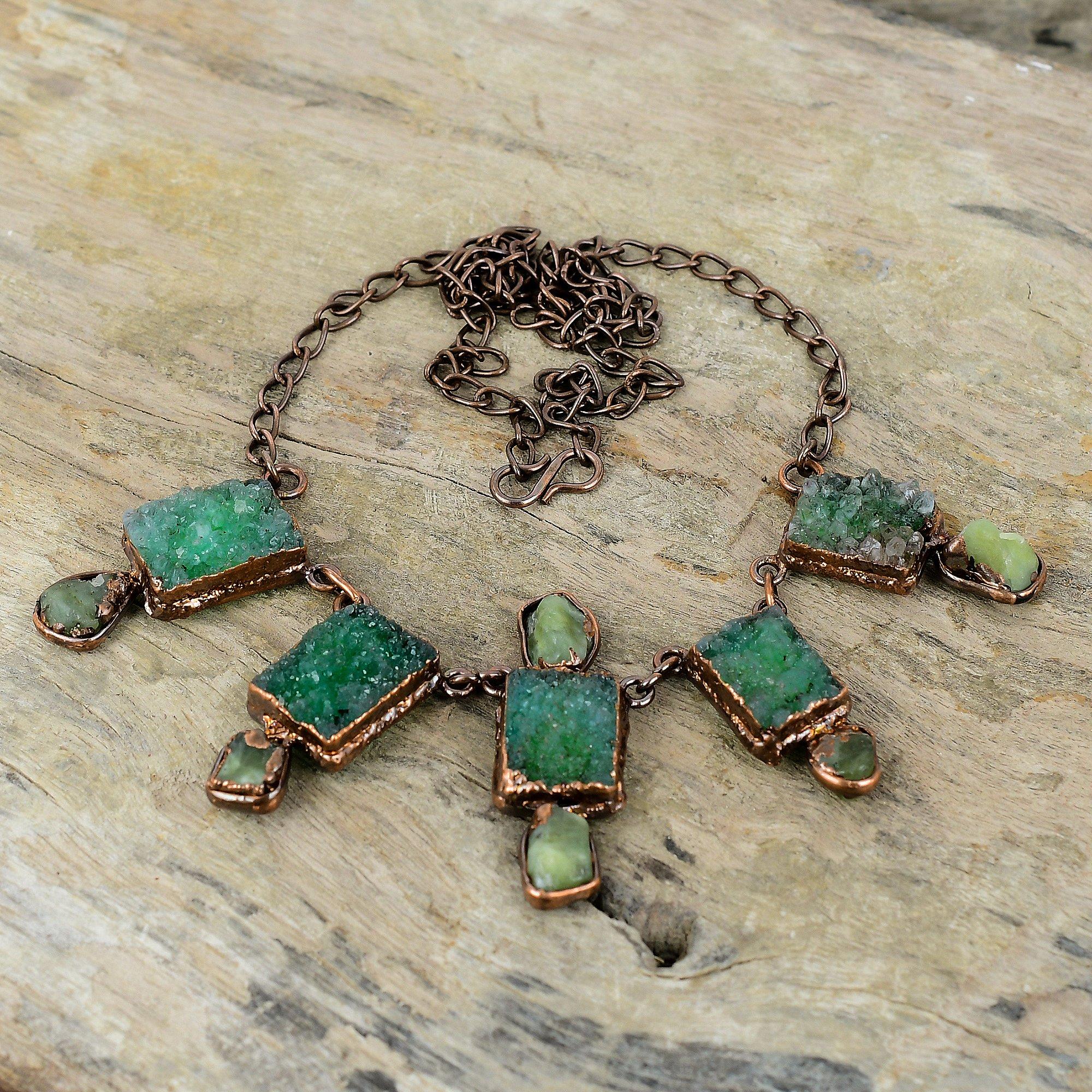 Green Druzy Necklace Electroformed Copper Necklace Aquamarine Rough Necklace Adjustable Chain Necklace Gemstone Copper Jewelry Wedding Gift