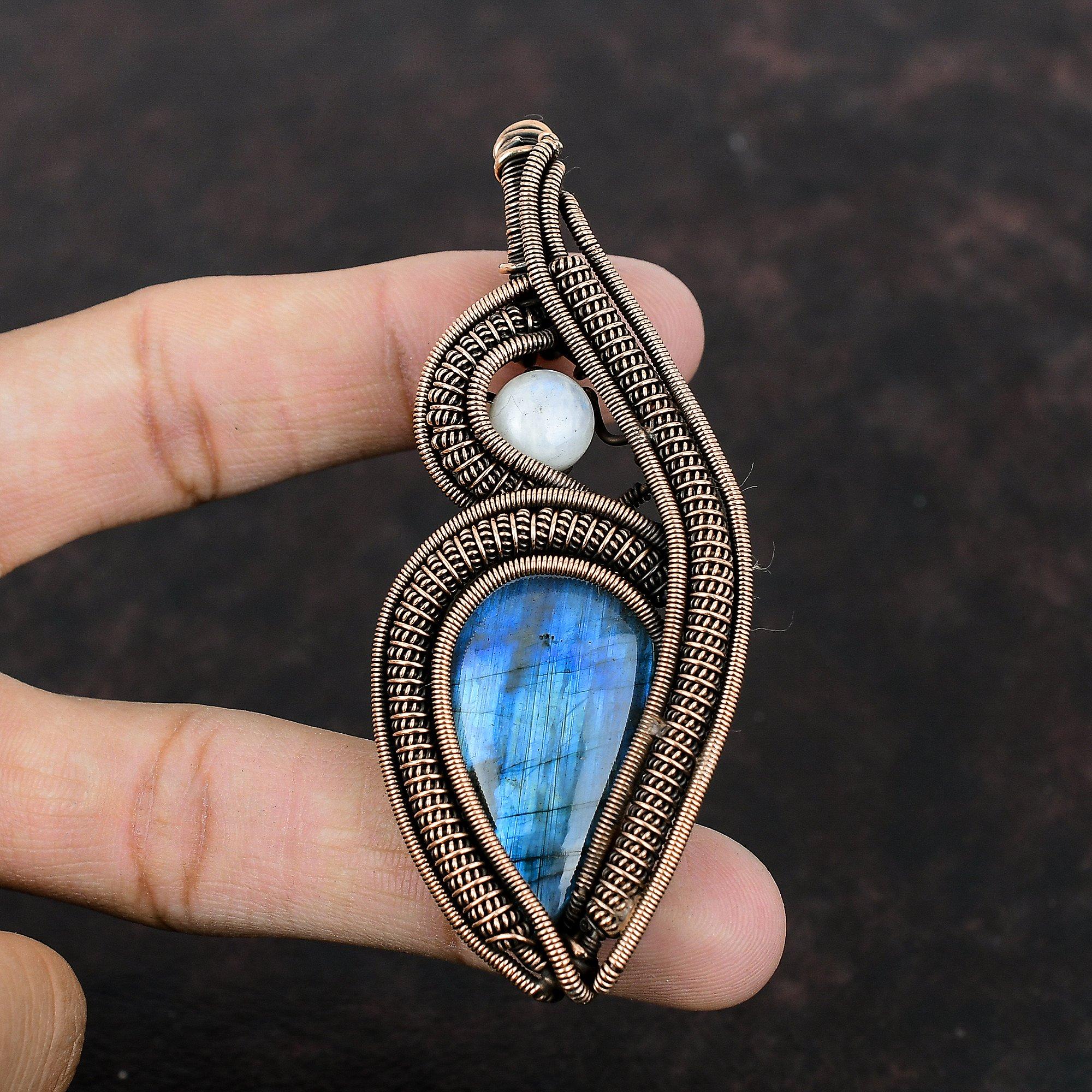 Labradorite Pendant Copper Wire Wrapped Pendant Rainbow Moonstone Pendant Labradorite Jewelry Handmade Pendant Gemstone Jewelry Wedding Gift