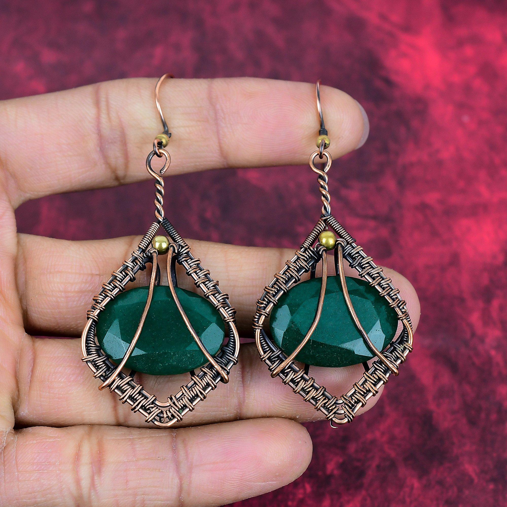 Faceted Zambian Emerald Earring Copper Wire Wrapped Jewelry Gemstone Earring Copper Earring Anniversary Gifts Handmade Jewelry Drop Earrings