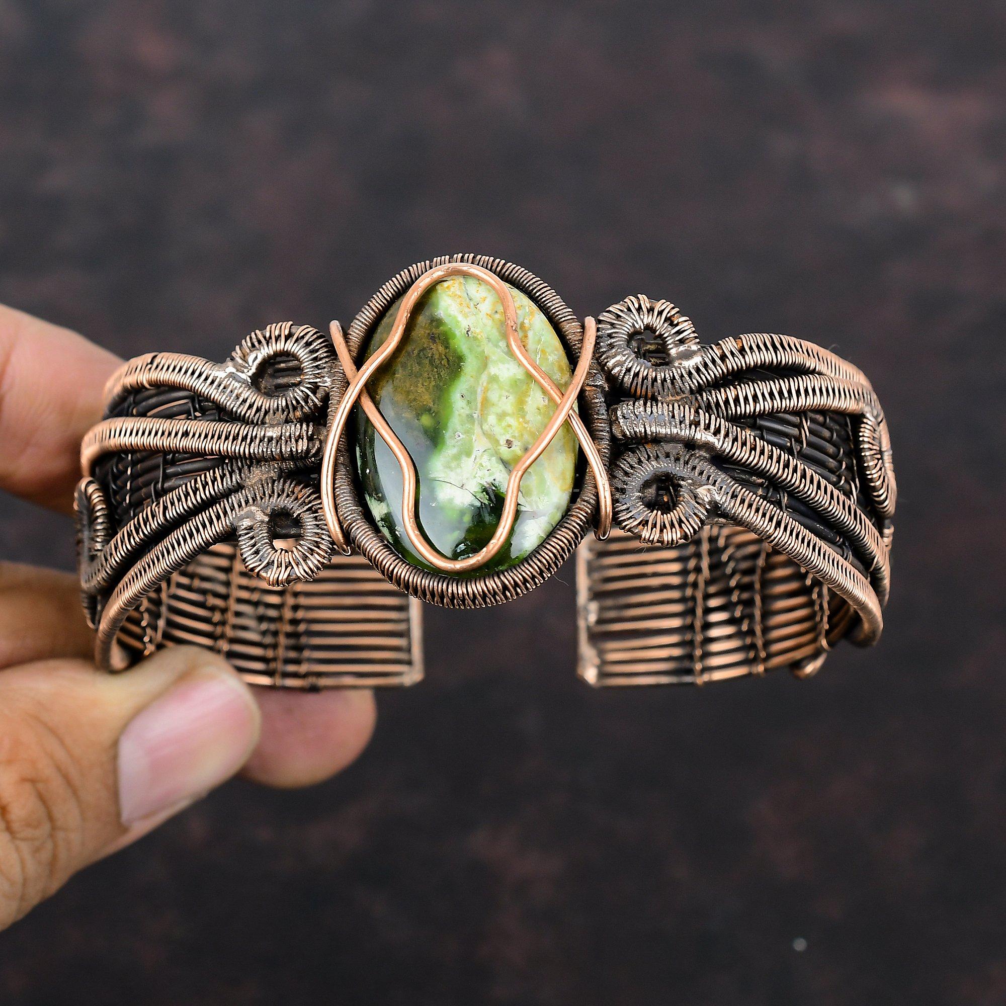 Australian Chrome Chalcedony Bangle Copper Wire Wrapped Cuff Bracelet Adjustable Bangle Gemstone Bangle Handmade Copper Jewelry Gift For Him
