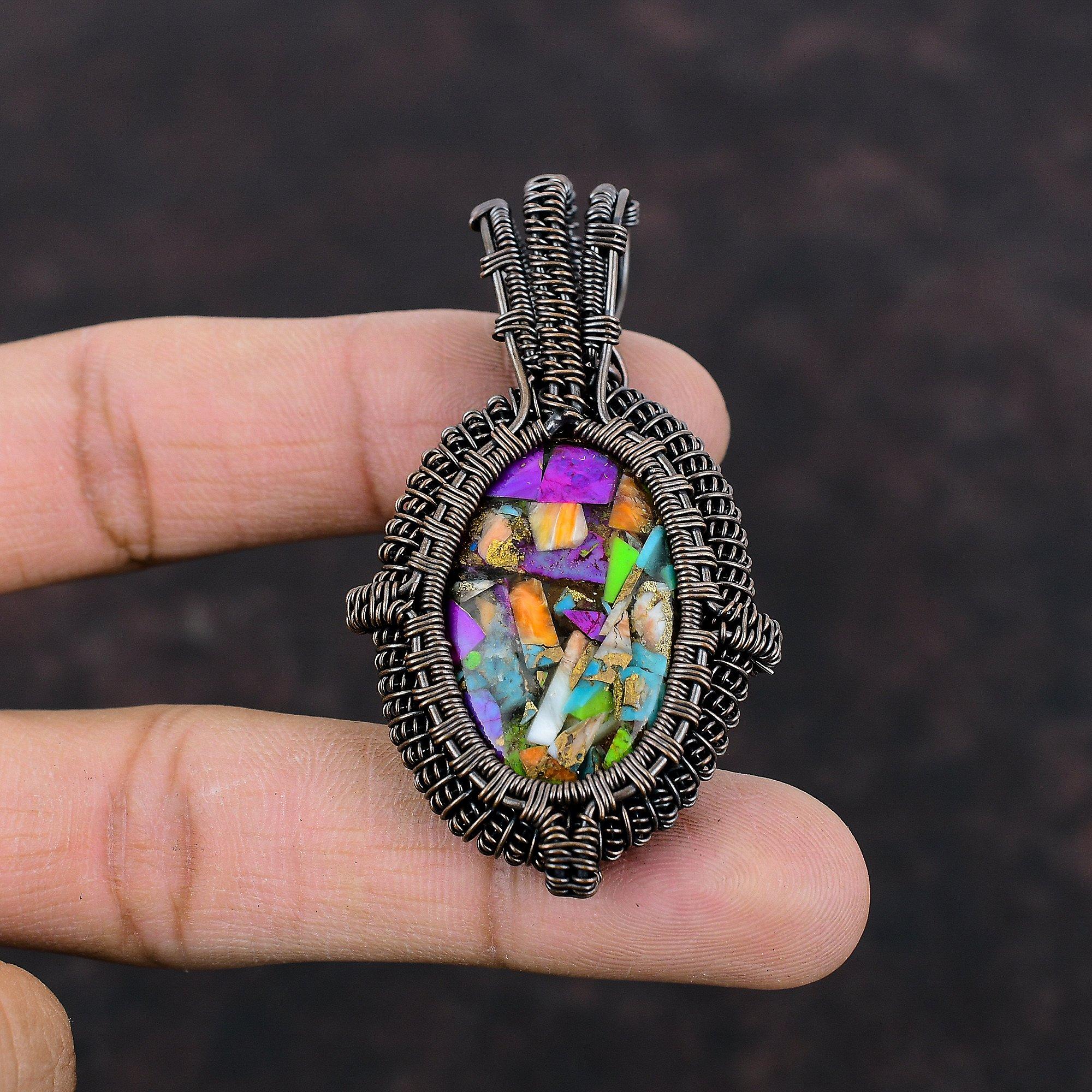 Fiesta Kingman Turquoise Pendant Multi Copper Turquoise Pendant Copper Wire Wrapped Gemstone Pendant Gift For Mother Handmade Copper Jewelry