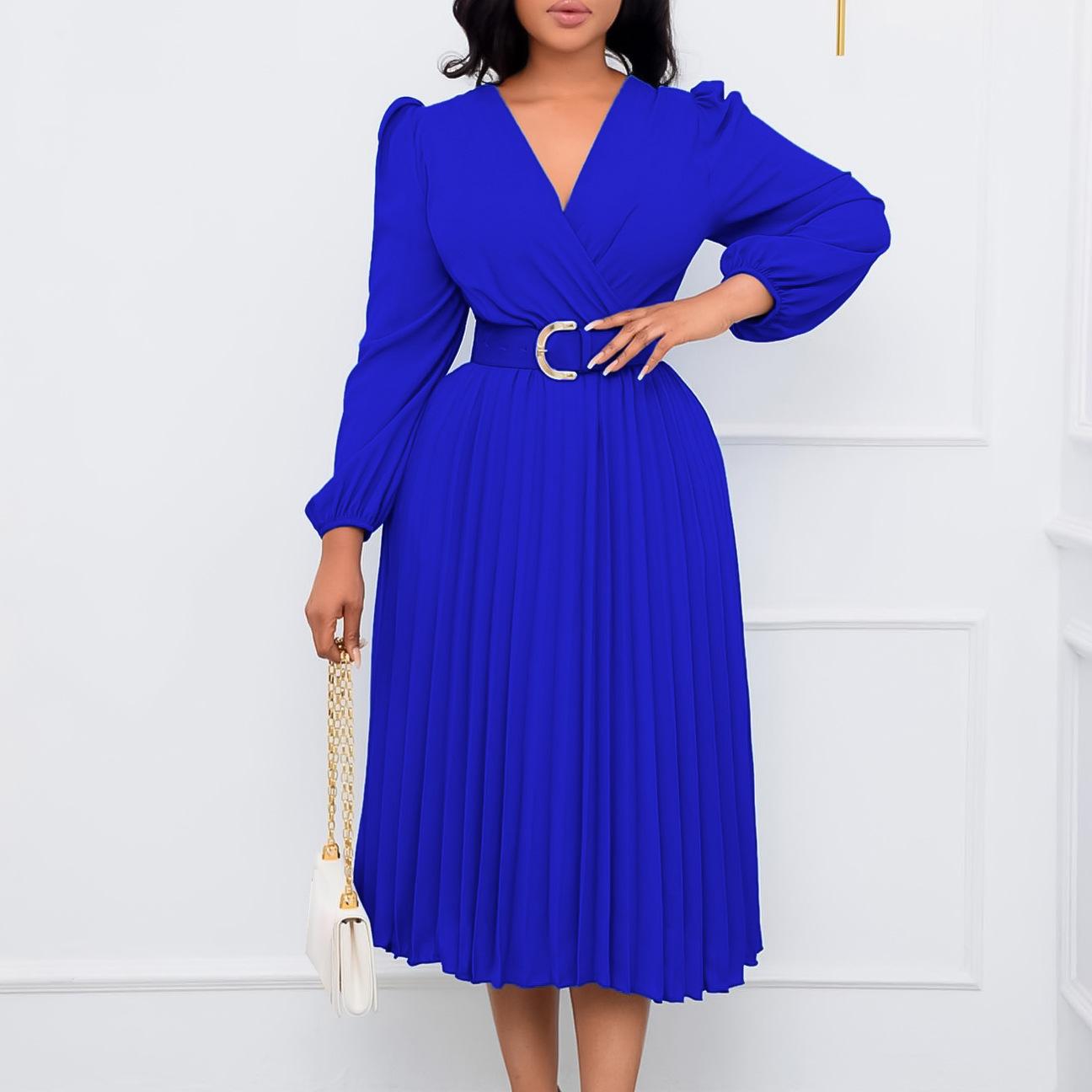 Abiti da donna primaverili e autunnali, taglie forti, alla moda, a maniche lunghe, con scollo a V, plissettati, di media lunghezza