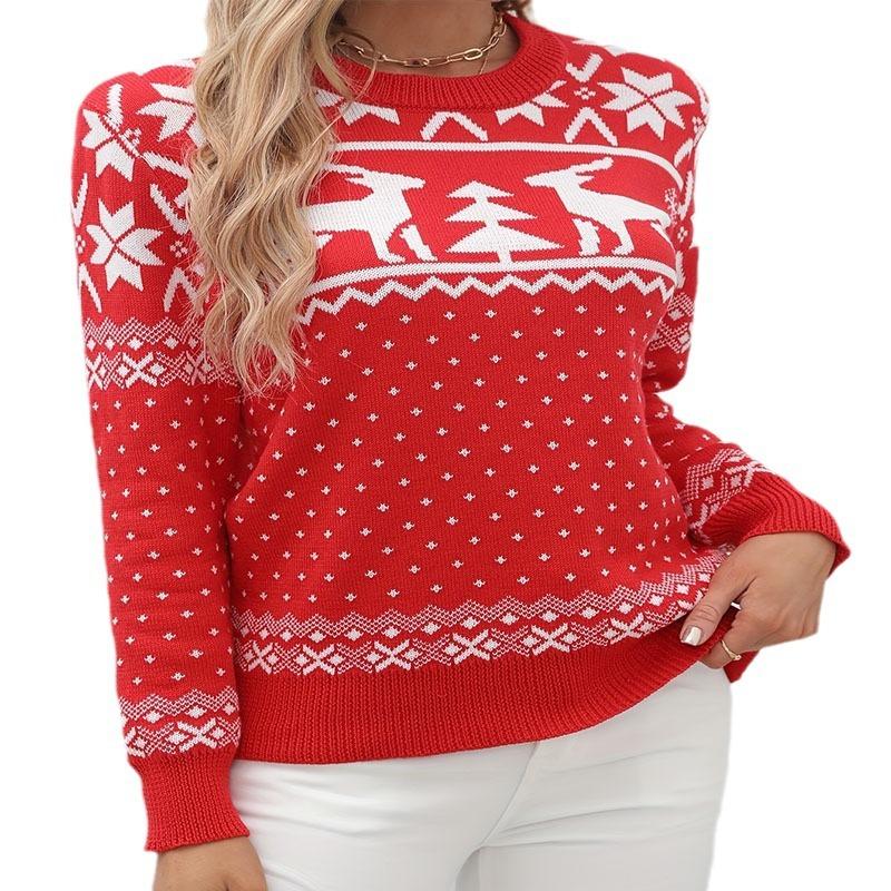 Women's Autumn and Winter Plus Size Christmas Crew Neck Knitted Sweater