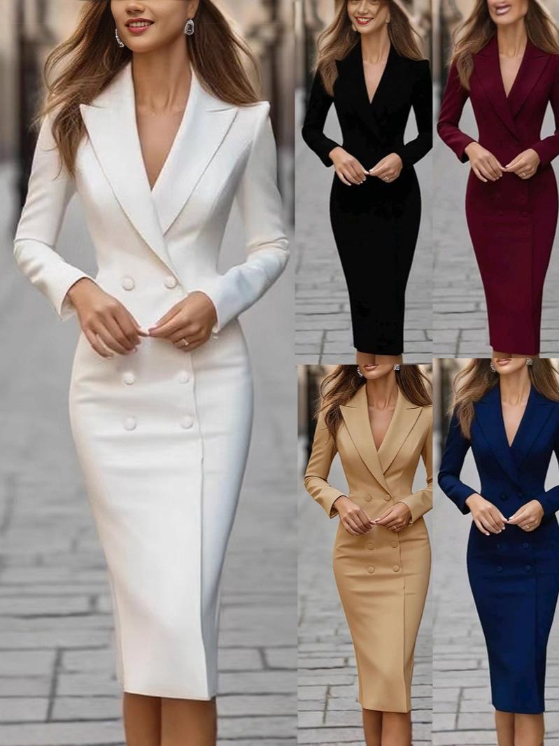 Women's Double-Breasted Blazer Dress, Long Sleeve Office Dress with Notched Lapel, Professional Workwear for Business Casual Commute