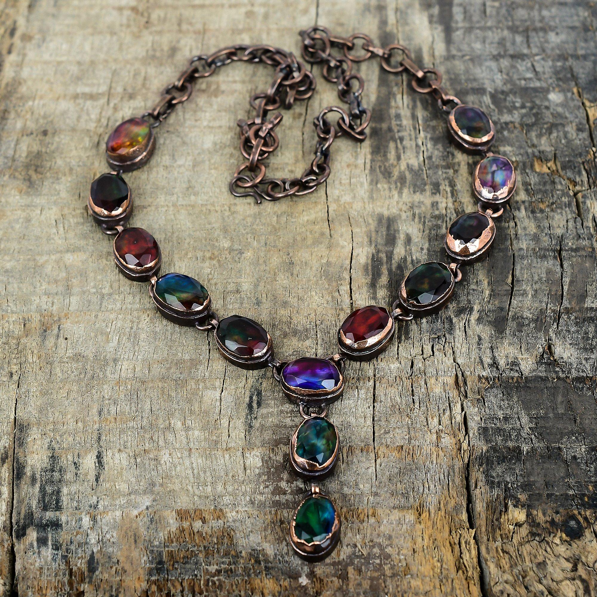 Colier ammolit fațetat bijuterii din cupru electroformat colier cu lanț reglabil lucrat manual colier cu piatră prețioasă electroformat cadouri de logodnă