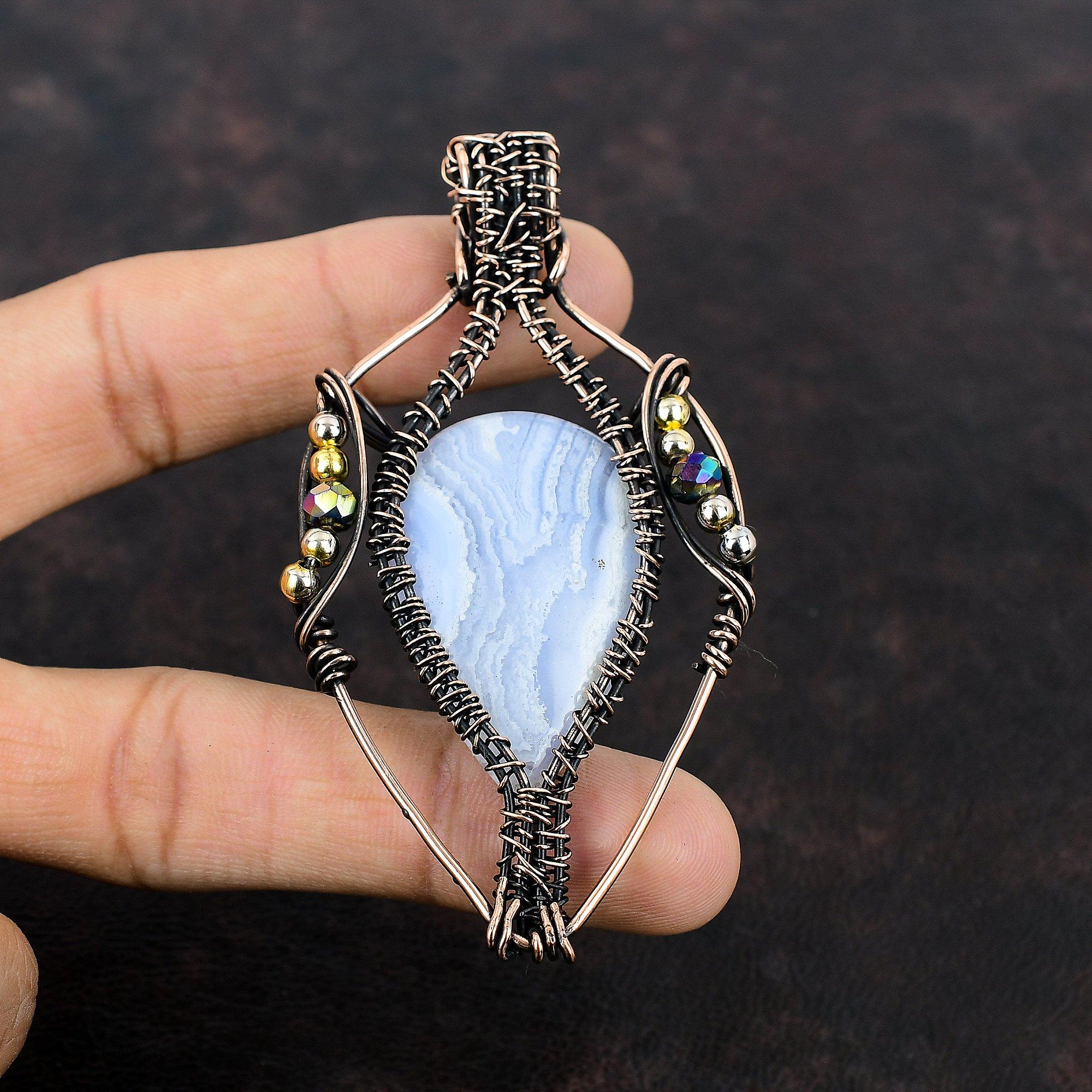 Pingente de Ágata de Renda Azul Pingente de Fio de Cobre Enrolado Pingente de Contas de Titânio Pingente de Pedra Preciosa Jóias de Cobre Antigas Pingente Feito à Mão Para Presente